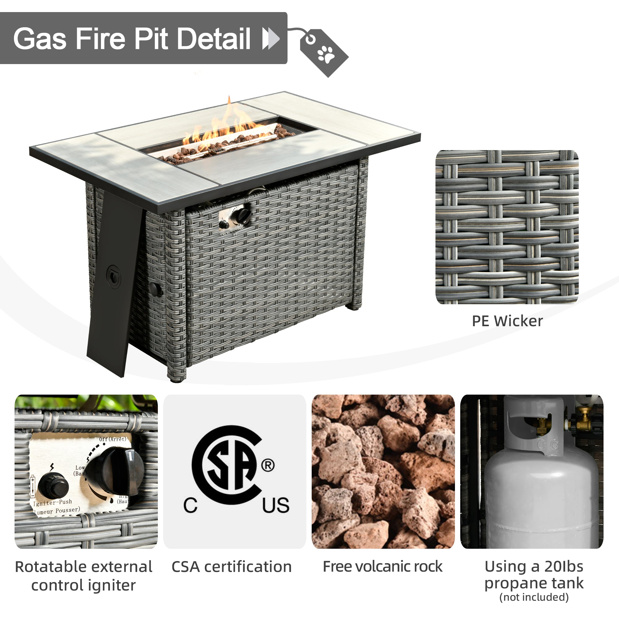 OVIOS 42'' Rectangle Propane Fire Pit Table Grey Wicker for Athena Series(DAR)