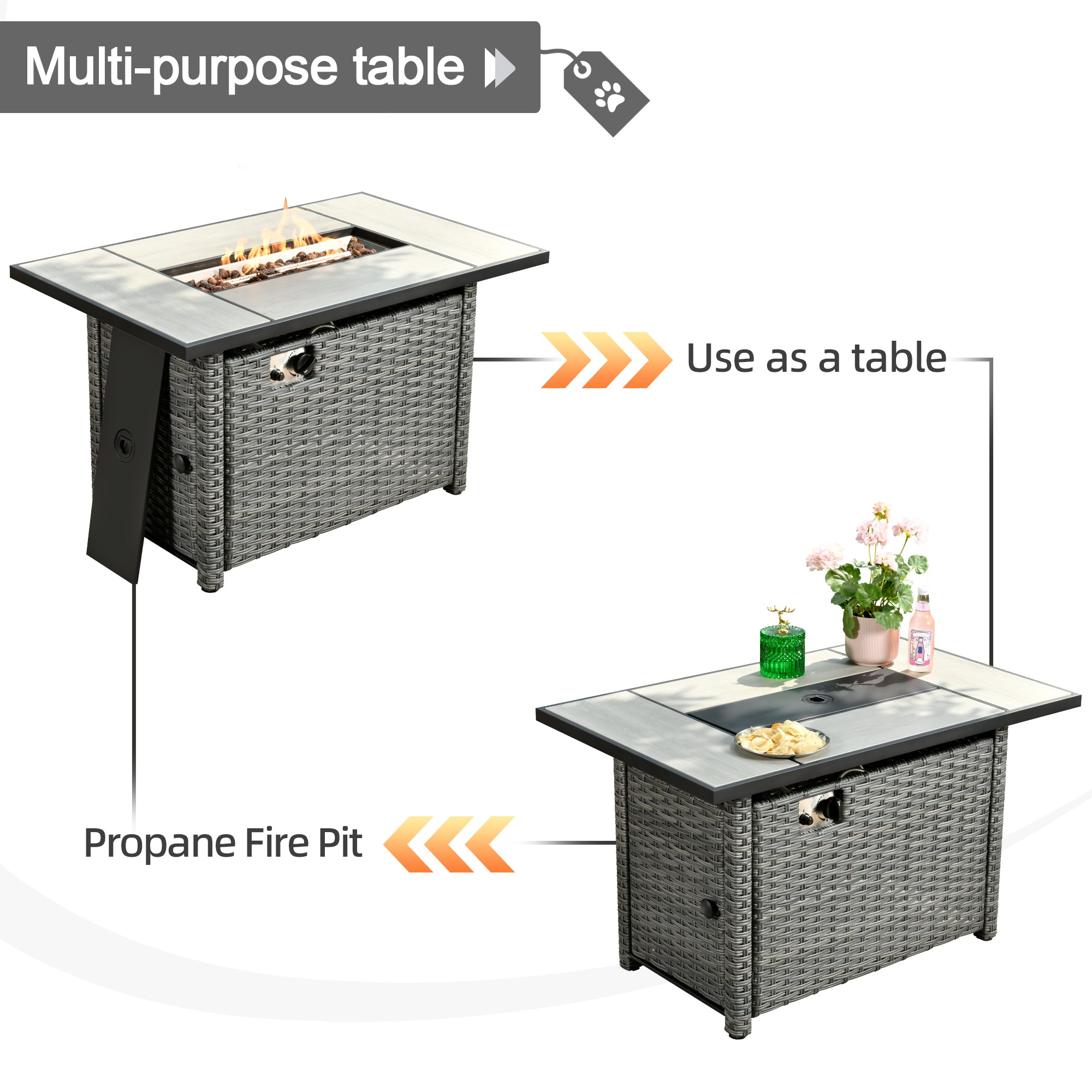 OVIOS 42'' Rectangle Propane Fire Pit Table Grey Wicker for Athena Series(DAR)