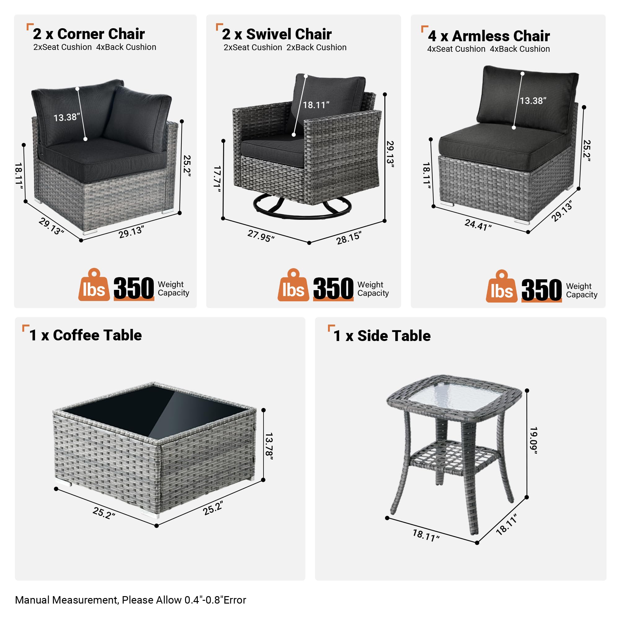 OVIOS Outdoor 9 Piece Coversation Set with Swivel Rocking Chair,Sectional Patio Furniture Set with All-Weather Wicker Sofa