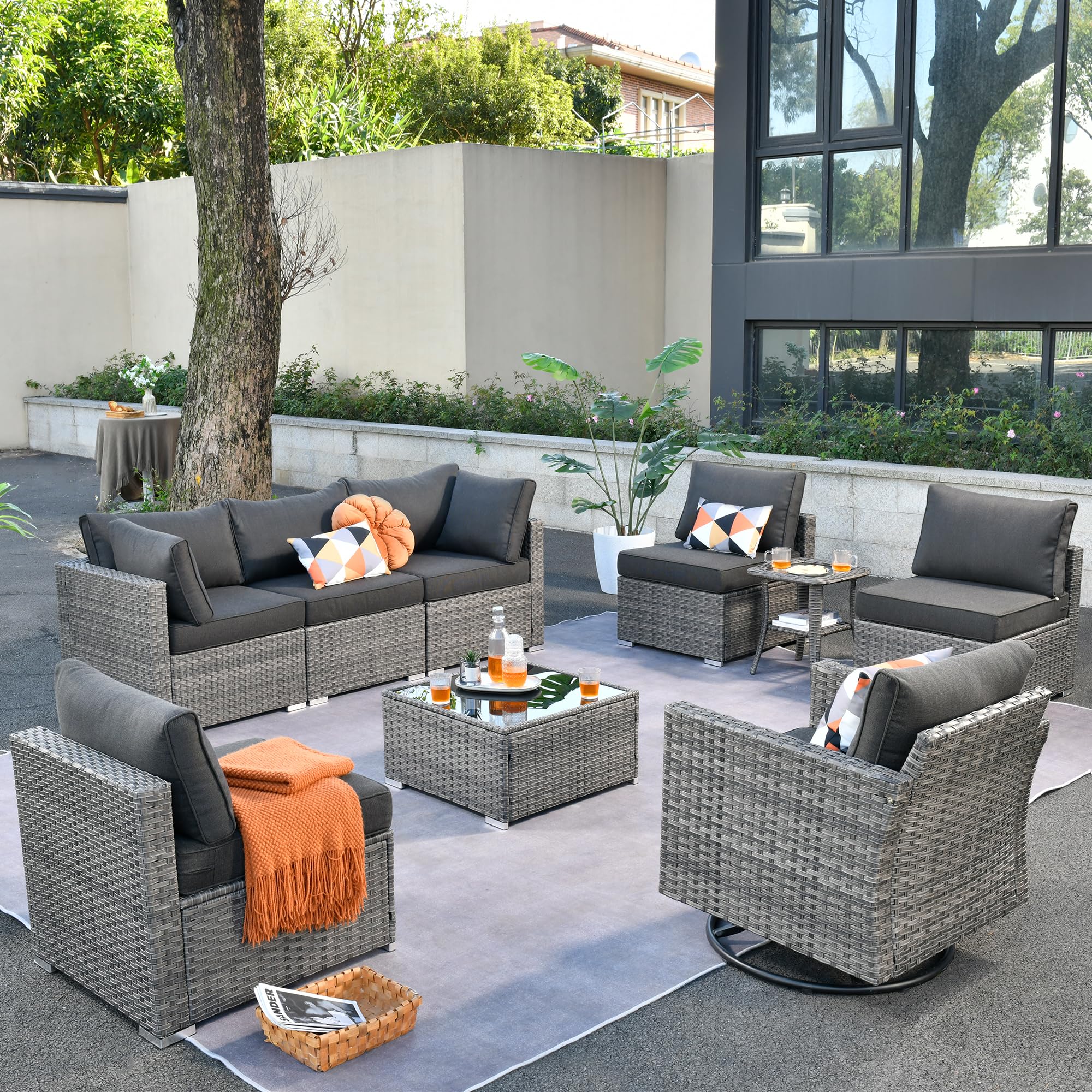OVIOS Outdoor 9 Piece Coversation Set with Swivel Rocking Chair,Sectional Patio Furniture Set with All-Weather Wicker Sofa