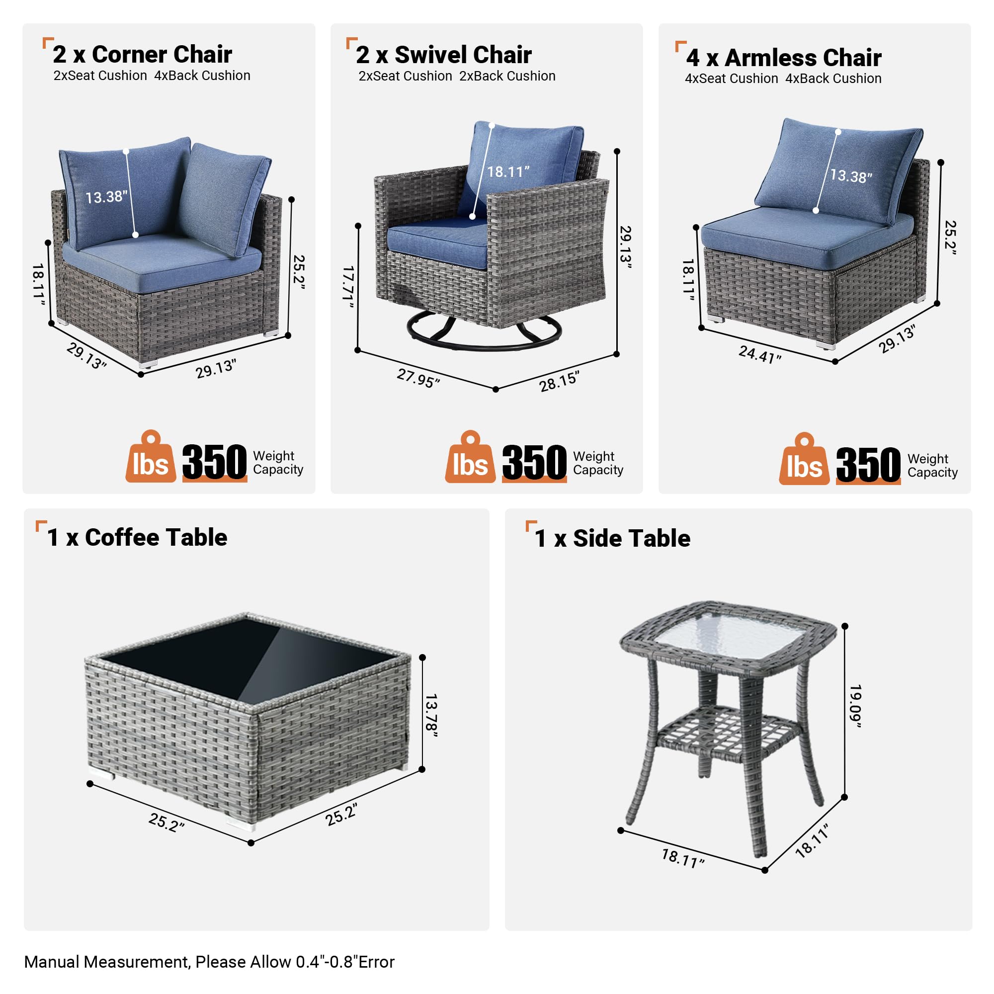 OVIOS Outdoor 9 Piece Coversation Set with Swivel Rocking Chair,Sectional Patio Furniture Set with All-Weather Wicker Sofa