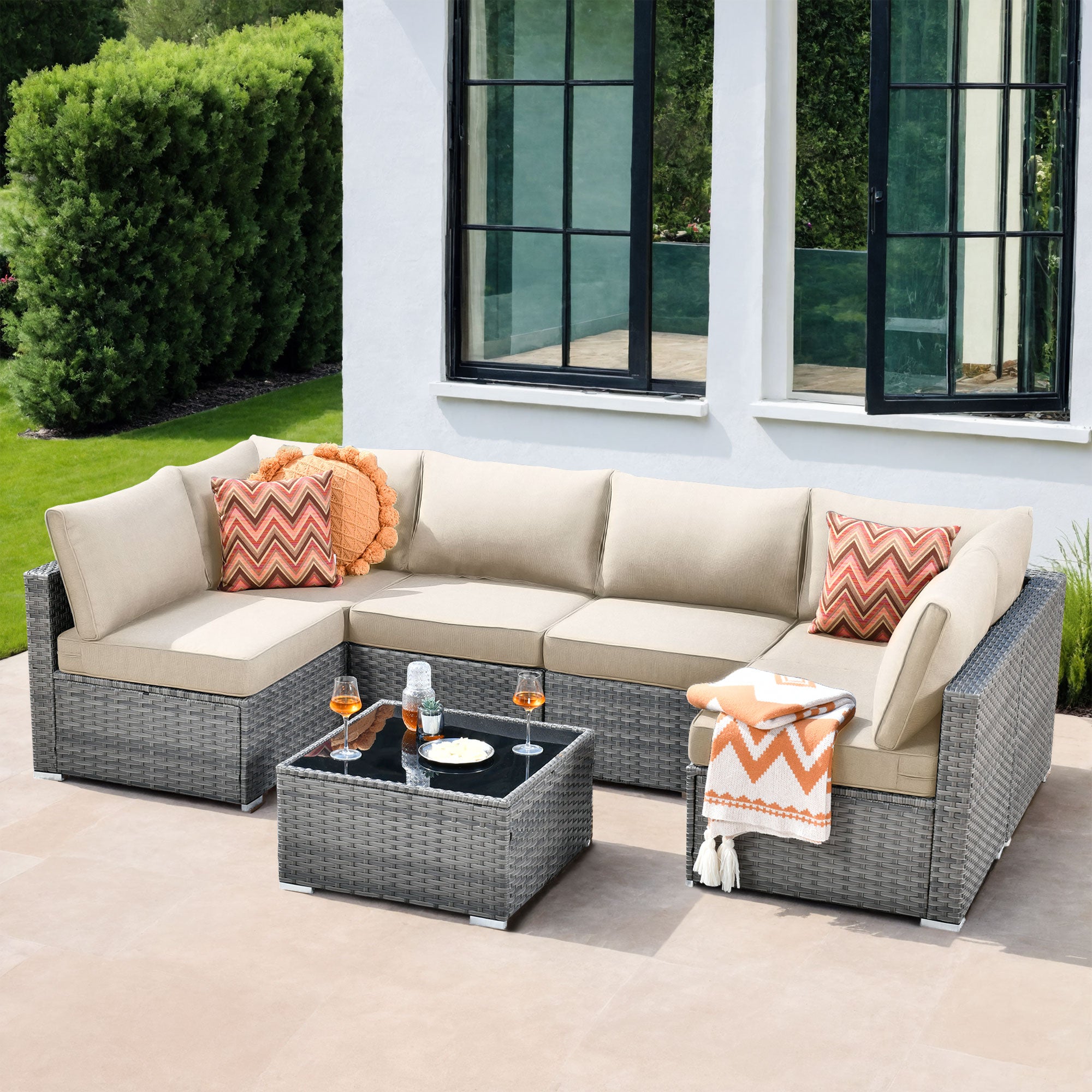 OVIOS Outdoor Sectional Furniture 7-Piece with Cushions and Table