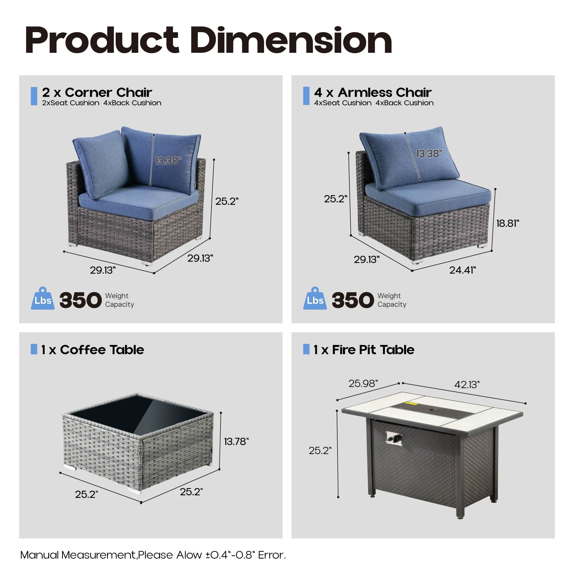OVIOS Outdoor 8 Piece Patio Furniture Set with Fire Pit Table,Conversation Sectional Wicker Couch with Coffee Table