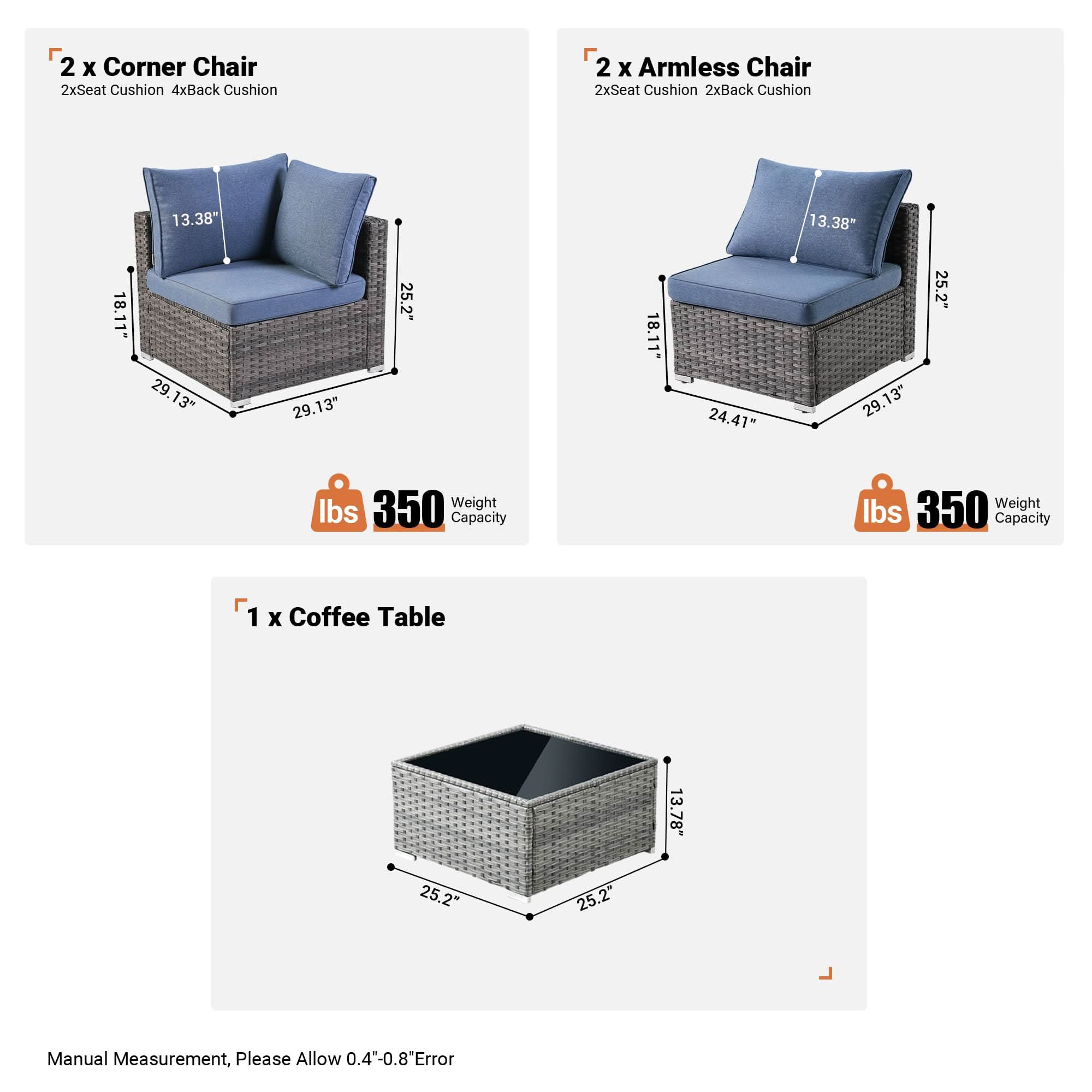 OVIOS outdoor conversation set components: corner chair, armless chair, coffee table with dimensions & 350lb capacity.Denim Blue