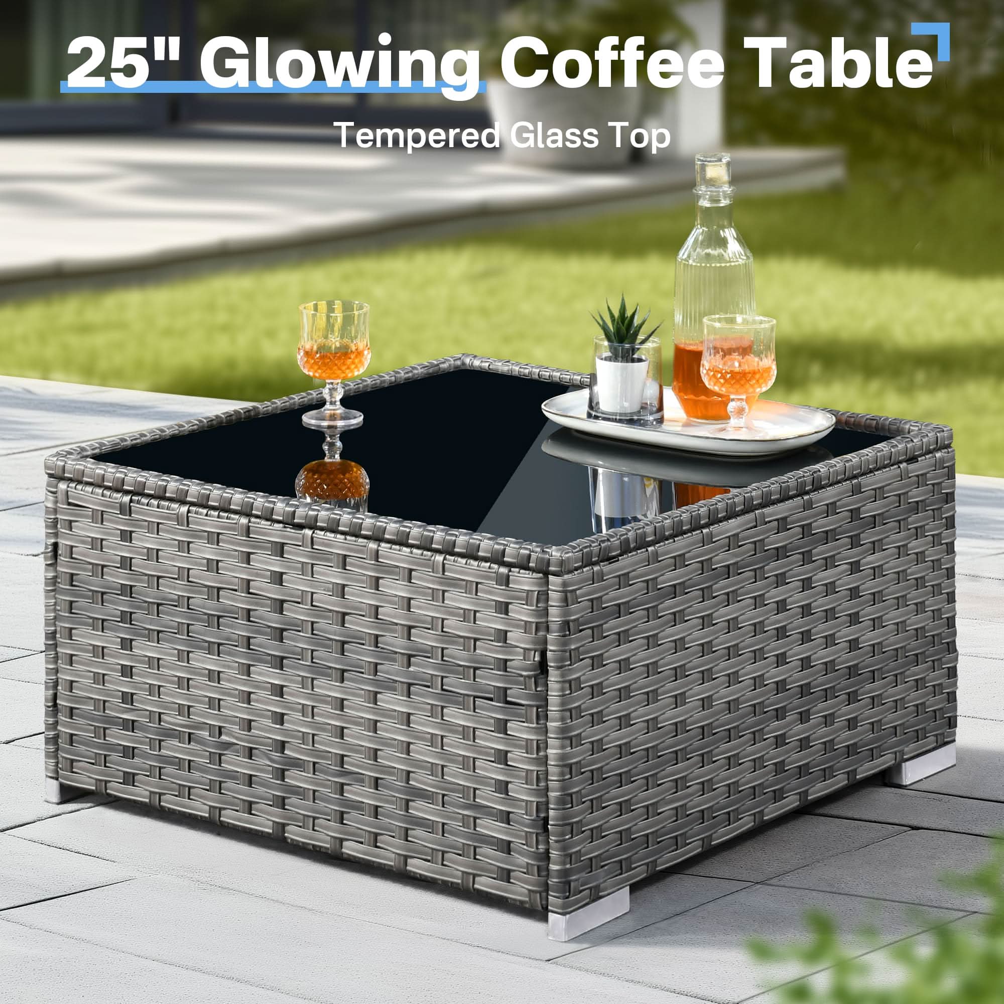 OVIOS Patio Furniture Set 14-Piece with All Weather Rattan Wicker Sofa and Tempered Glass Table