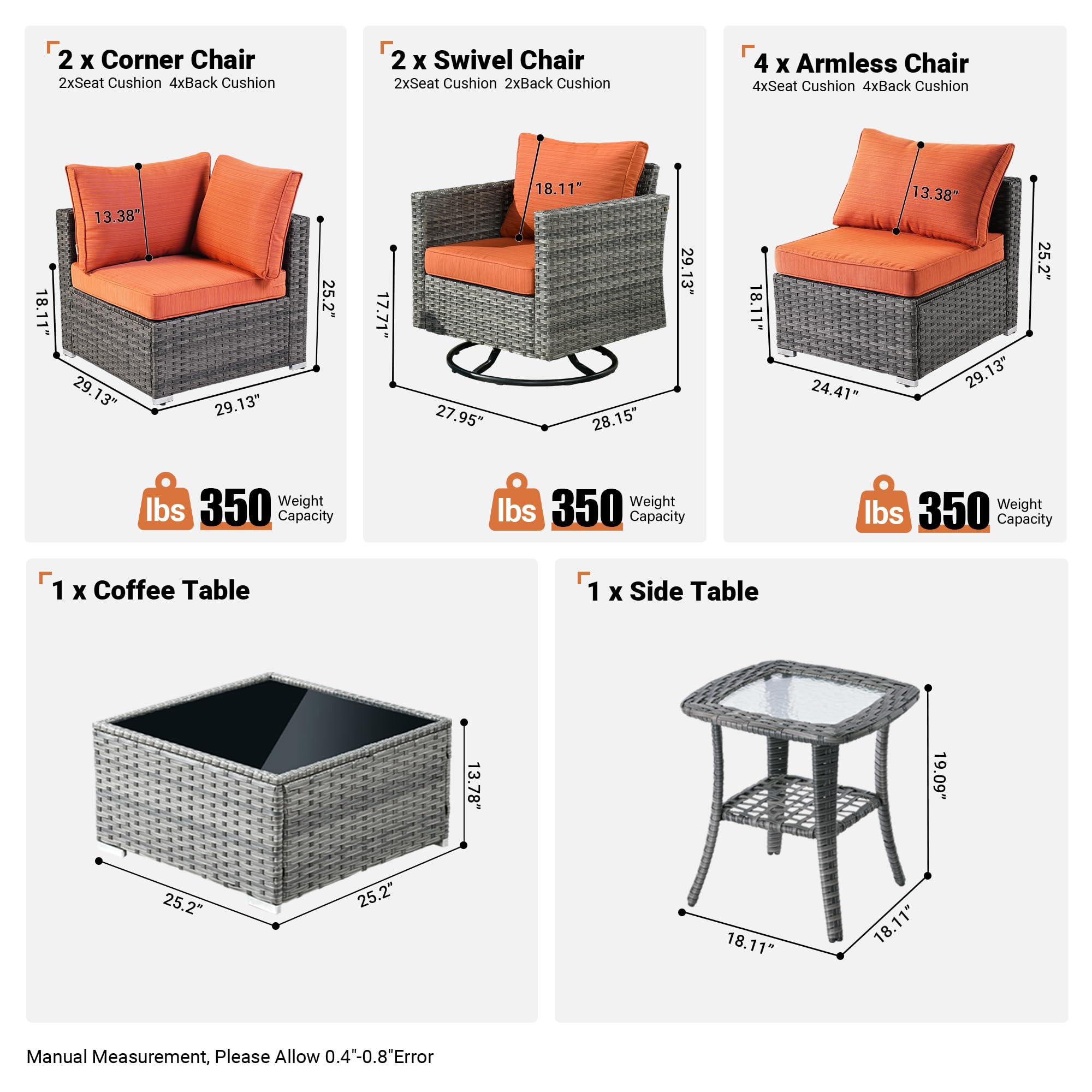 OVIOS Outdoor 9 Piece Coversation Set with Swivel Rocking Chair,Sectional Patio Furniture Set with All-Weather Wicker Sofa