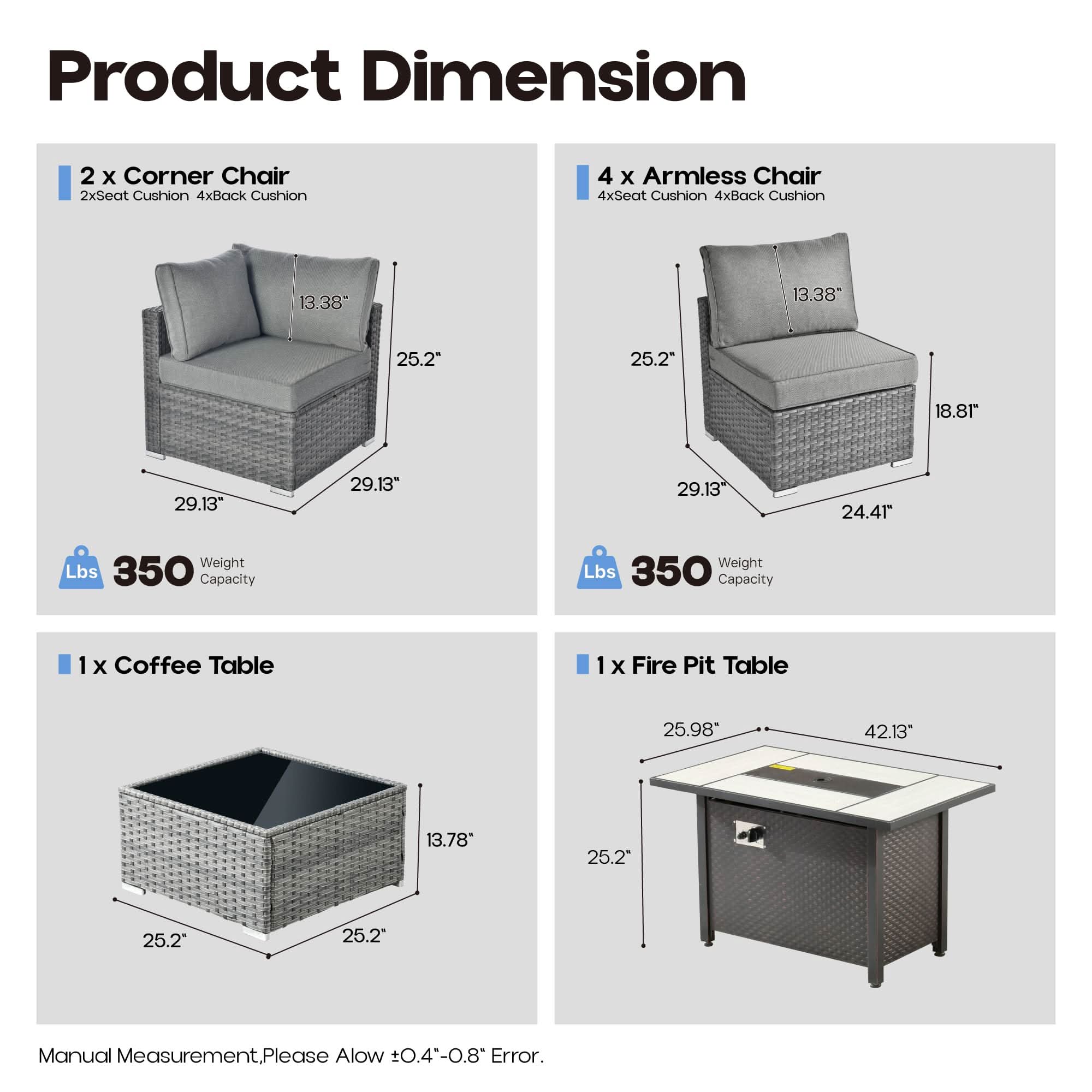 OVIOS Outdoor 8 Piece Patio Furniture Set with Fire Pit Table,Conversation Sectional Wicker Couch with Coffee Table