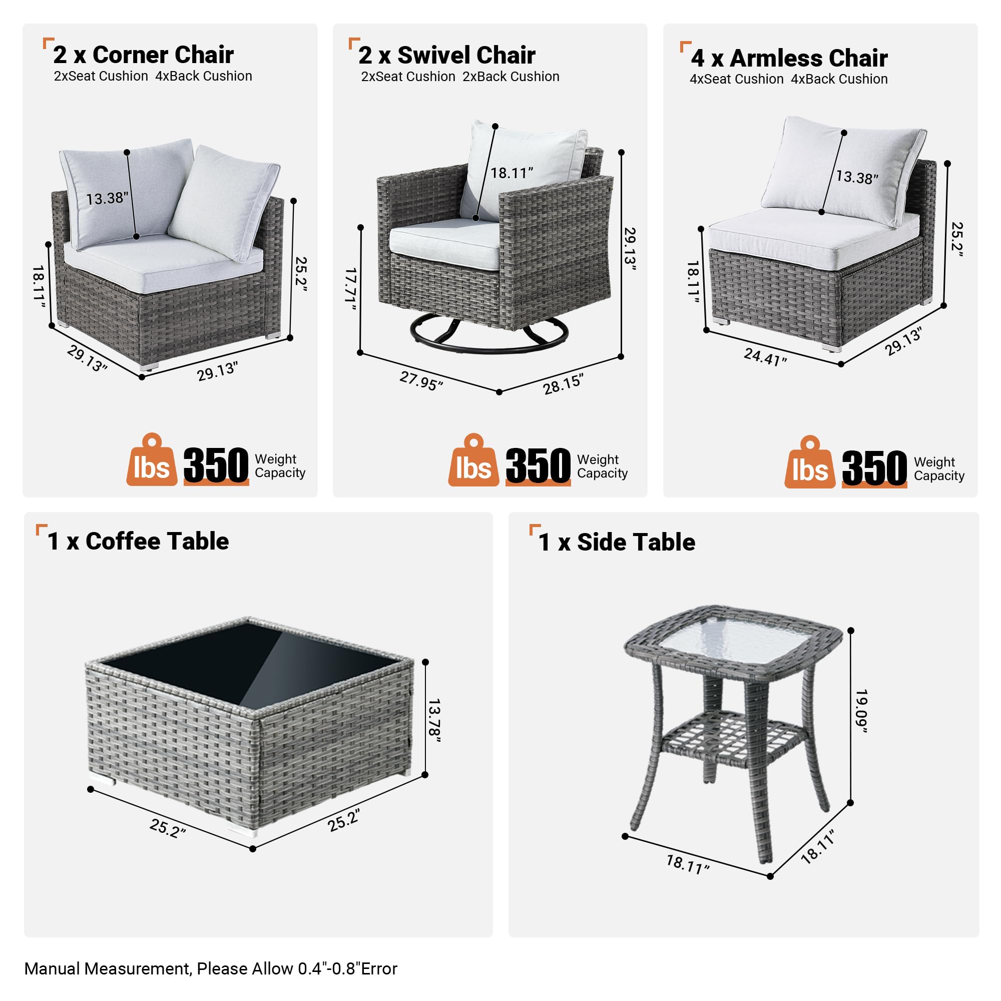 OVIOS Outdoor 9 Piece Coversation Set with Swivel Rocking Chair,Sectional Patio Furniture Set with All-Weather Wicker Sofa