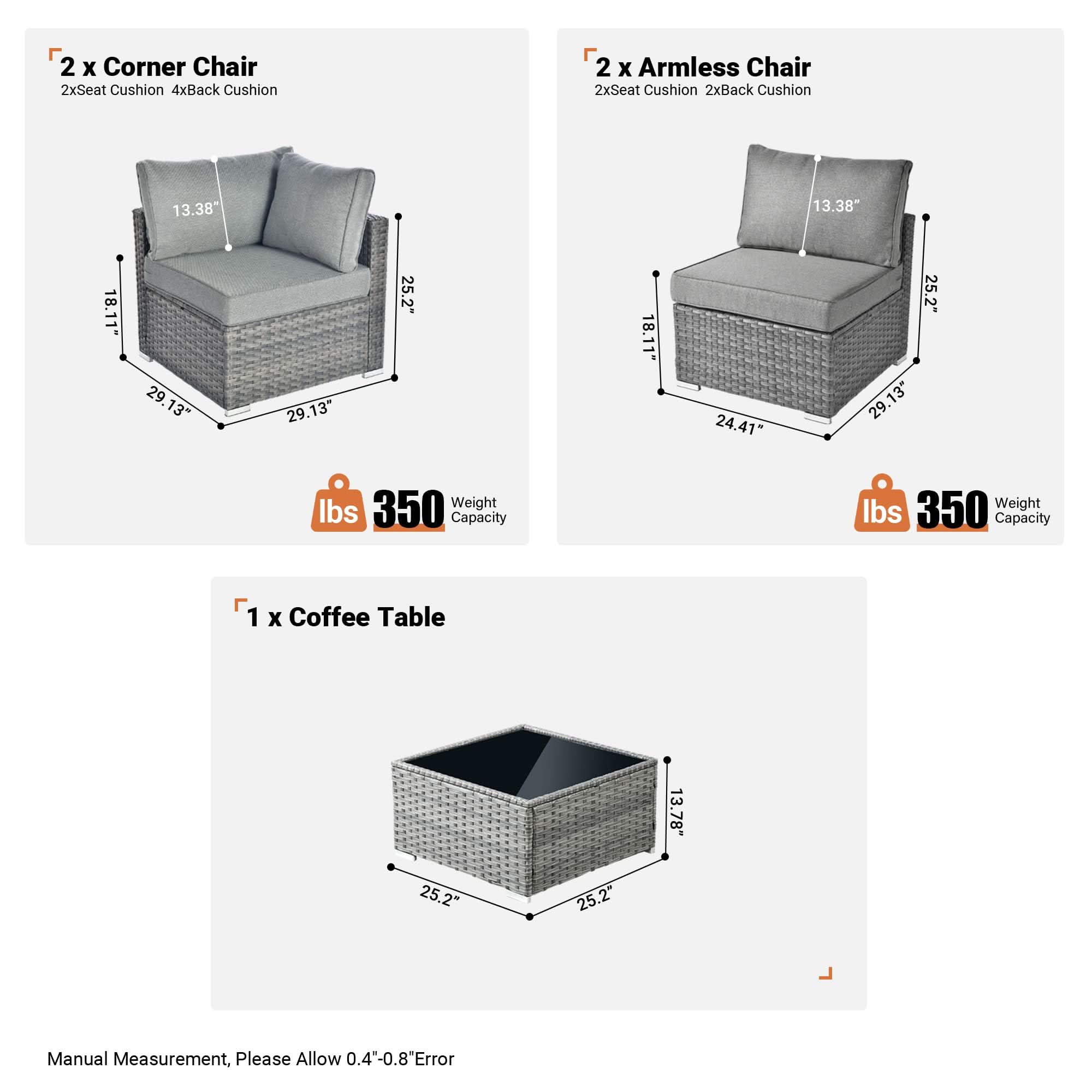 OVIOS outdoor set breakdown: 2 corner chairs, 2 armless chairs, coffee table with dimensions.Dark Grey