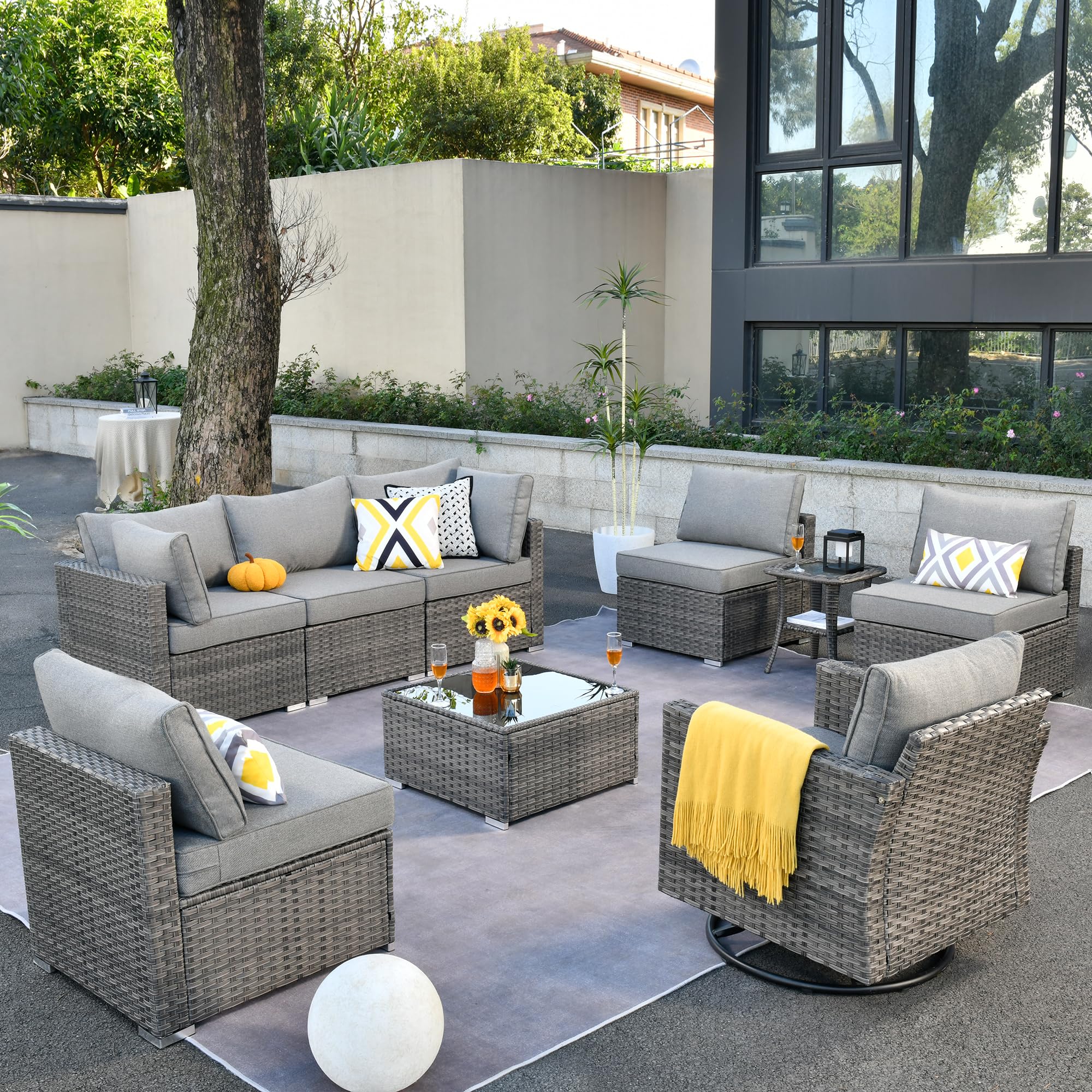 OVIOS Outdoor 9 Piece Coversation Set with Swivel Rocking Chair,Sectional Patio Furniture Set with All-Weather Wicker Sofa