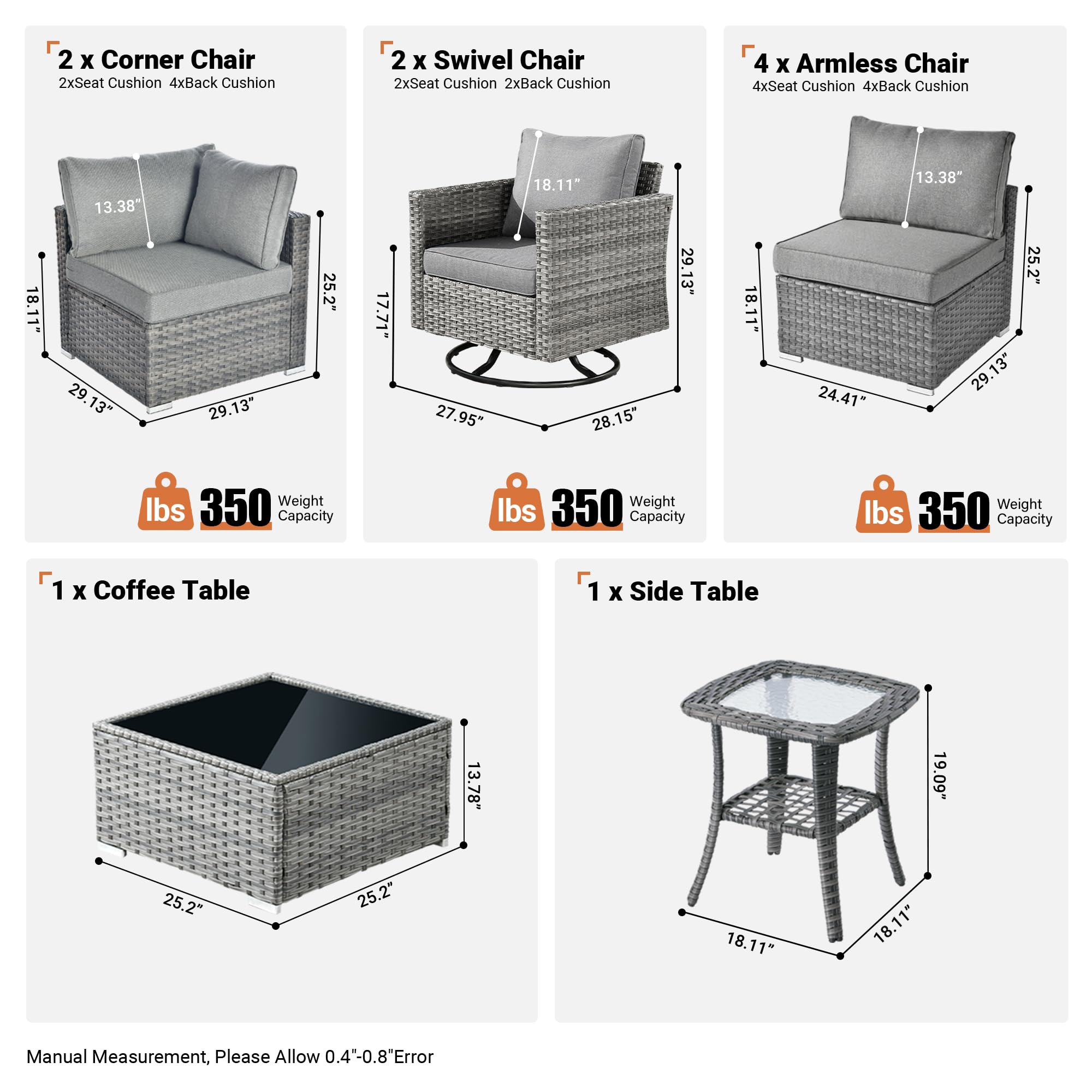 OVIOS Outdoor 9 Piece Coversation Set with Swivel Rocking Chair,Sectional Patio Furniture Set with All-Weather Wicker Sofa