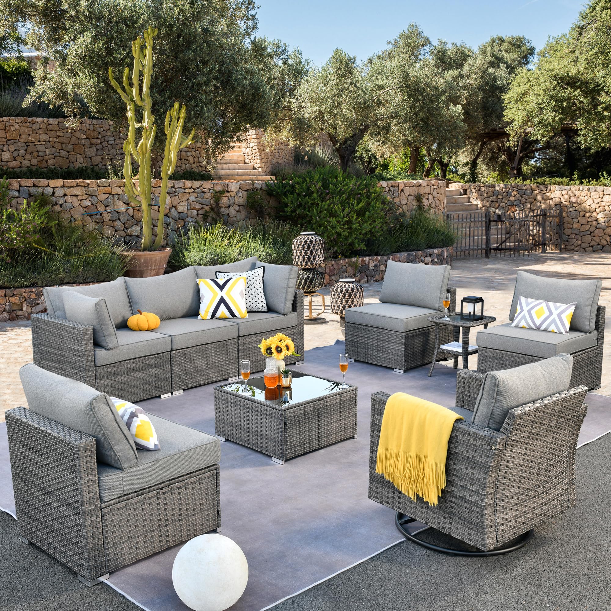 OVIOS Outdoor 9 Piece Coversation Set with Swivel Rocking Chair,Sectional Patio Furniture Set with All-Weather Wicker Sofa