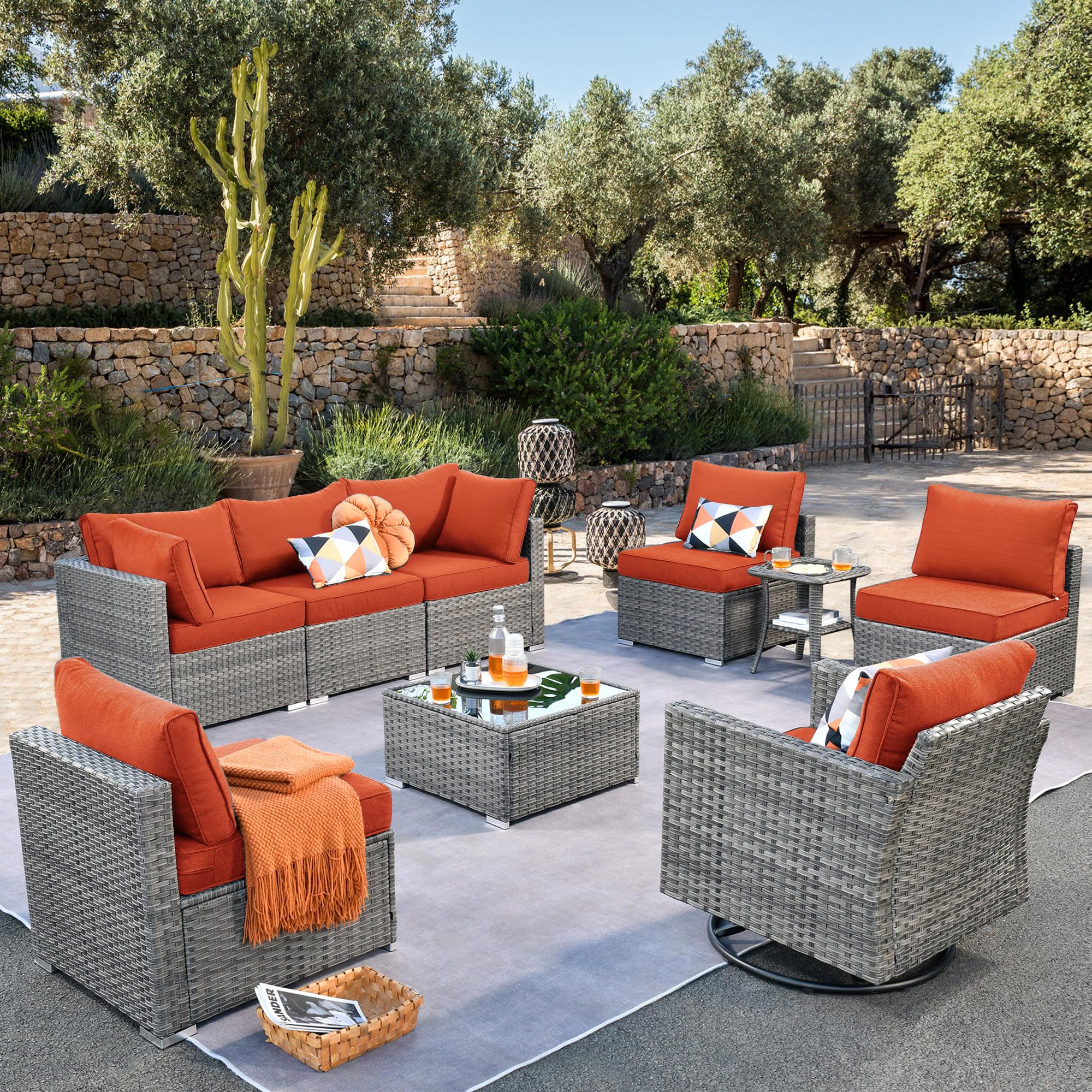 OVIOS 9-piece gray all-weather wicker outdoor conversation set with orange cushions, sectional, swivel chair.Orange