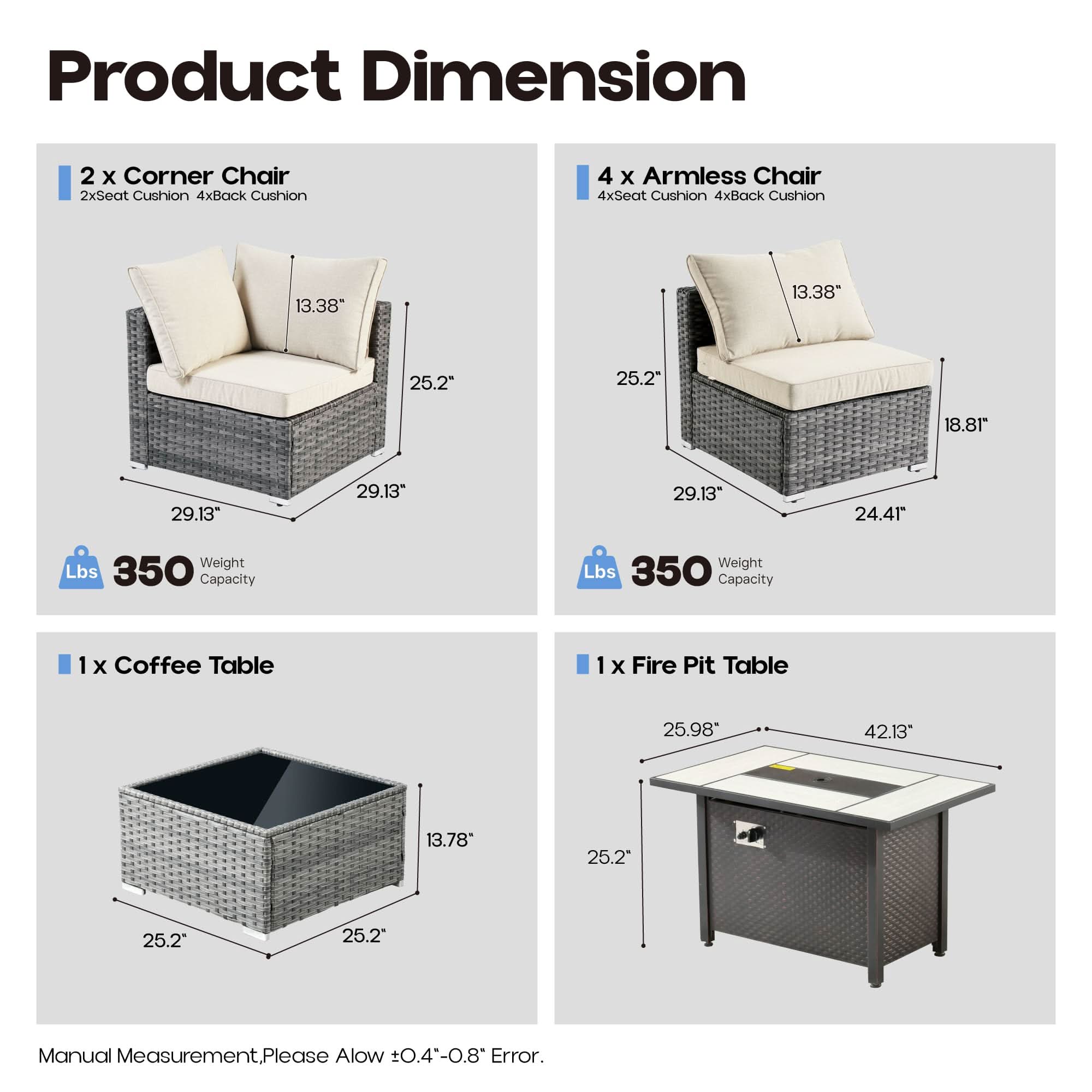 OVIOS Outdoor 8 Piece Patio Furniture Set with Fire Pit Table,Conversation Sectional Wicker Couch with Coffee Table