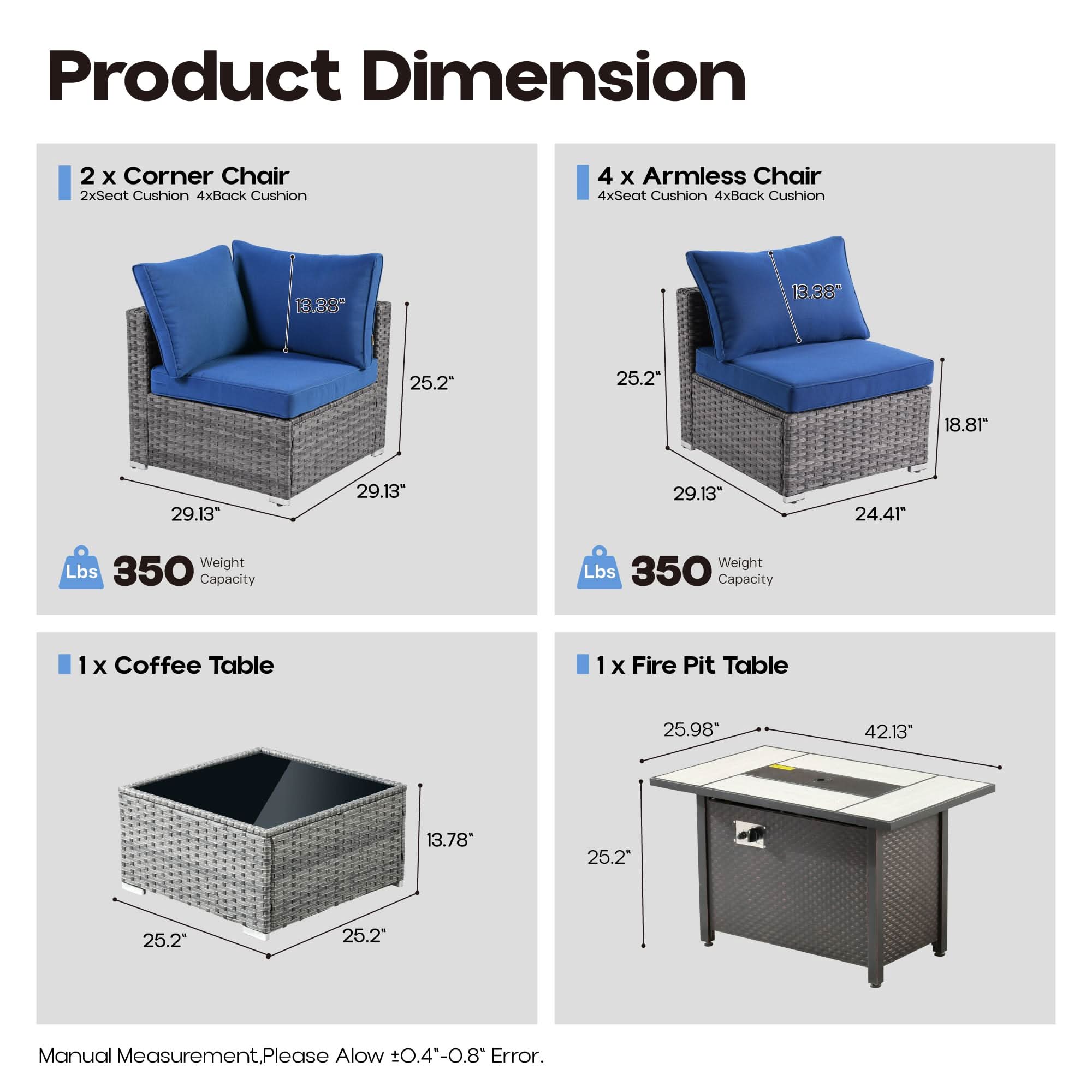 OVIOS Outdoor 8 Piece Patio Furniture Set with Fire Pit Table,Conversation Sectional Wicker Couch with Coffee Table