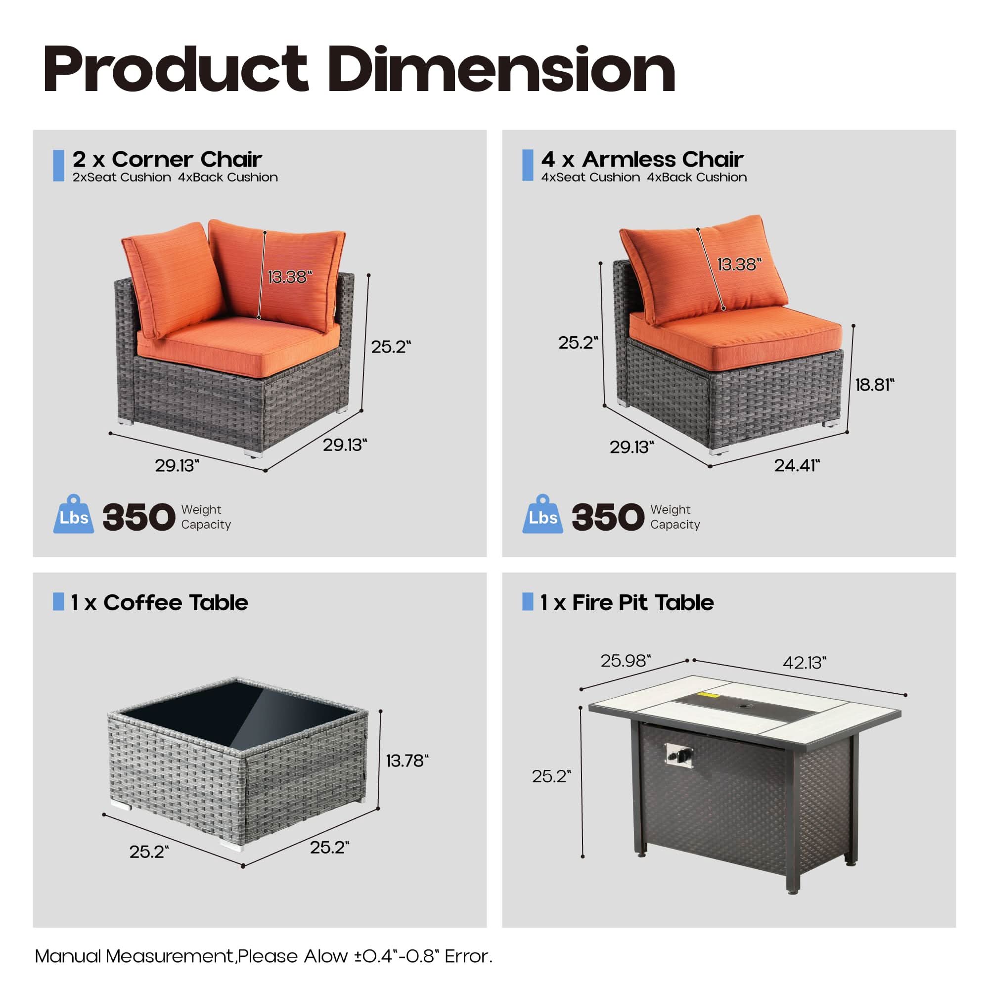 OVIOS Outdoor 8 Piece Patio Furniture Set with Fire Pit Table,Conversation Sectional Wicker Couch with Coffee Table