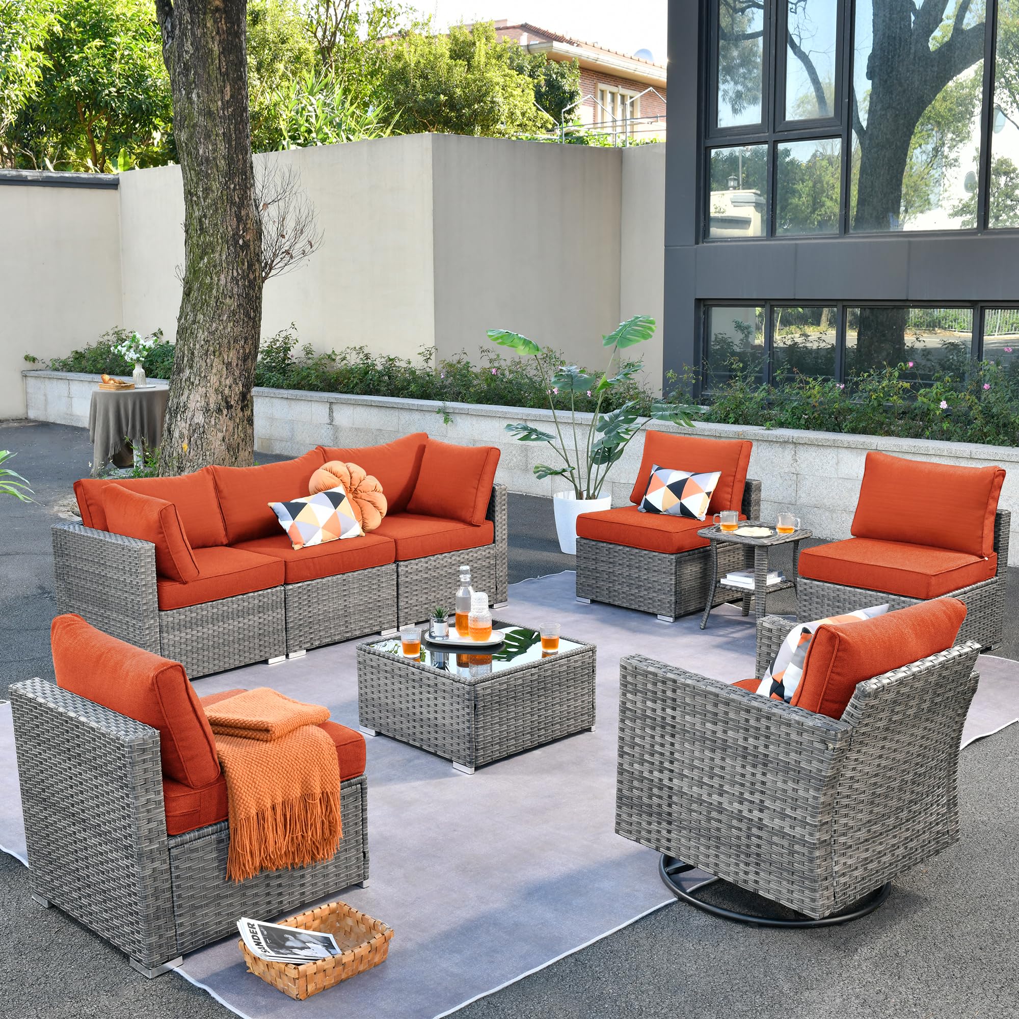 OVIOS Outdoor 9 Piece Coversation Set with Swivel Rocking Chair,Sectional Patio Furniture Set with All-Weather Wicker Sofa