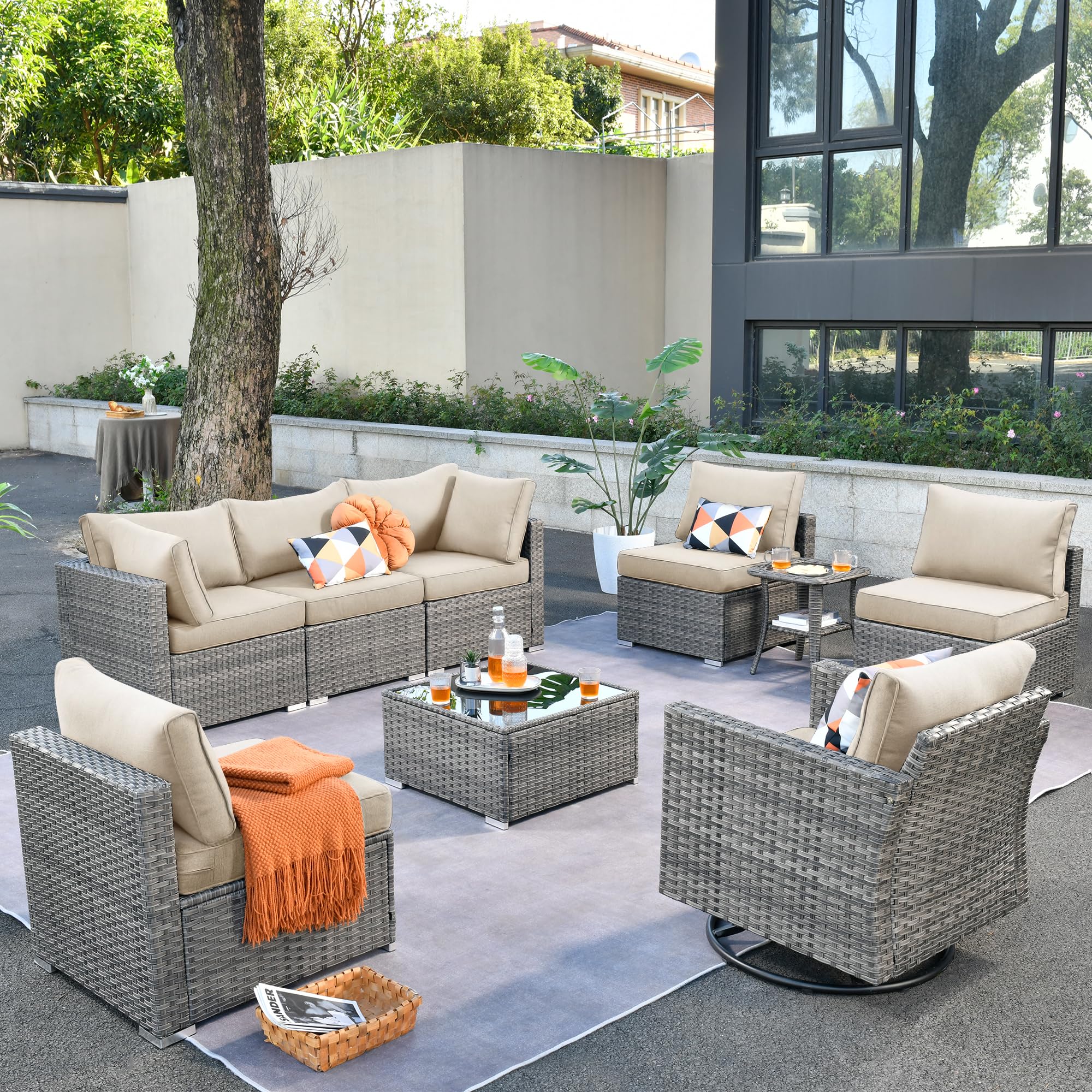 OVIOS Outdoor 9 Piece Coversation Set with Swivel Rocking Chair,Sectional Patio Furniture Set with All-Weather Wicker Sofa