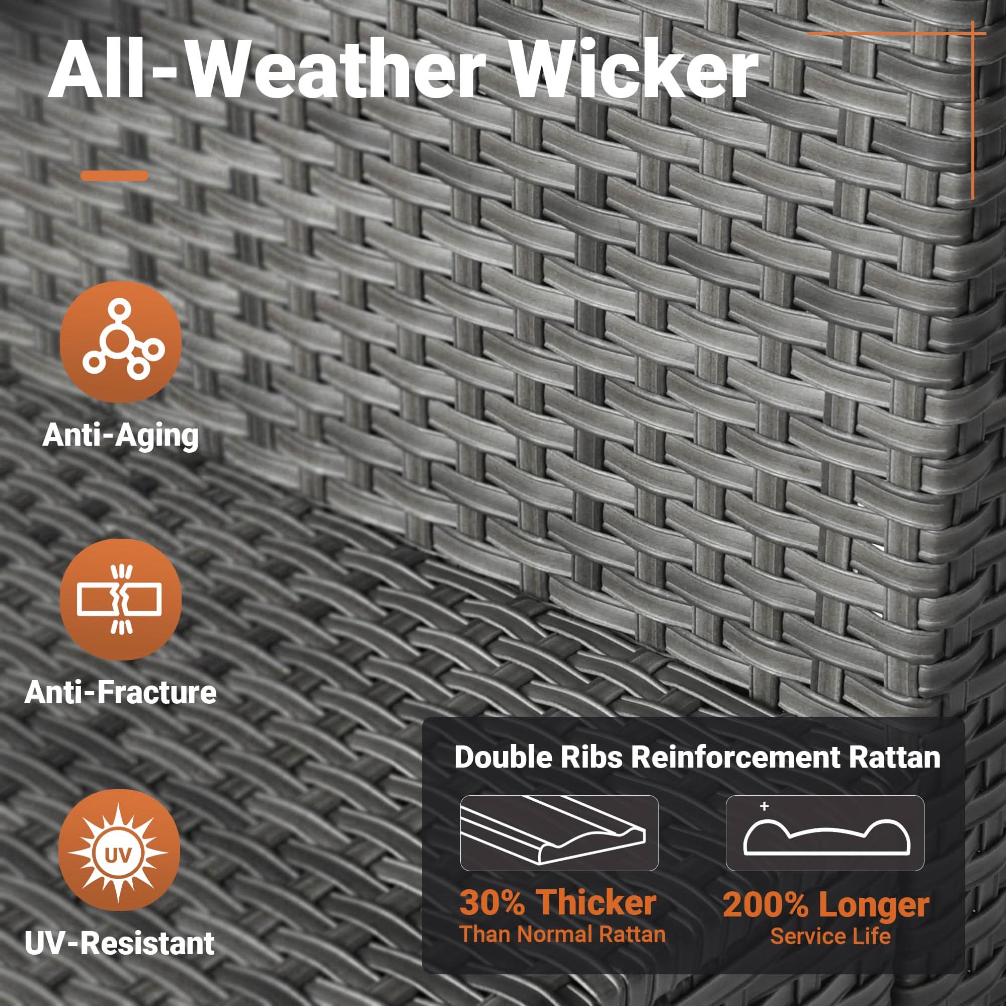 OVIOS all-weather wicker material: anti-aging, anti-fracture, UV-resistant.