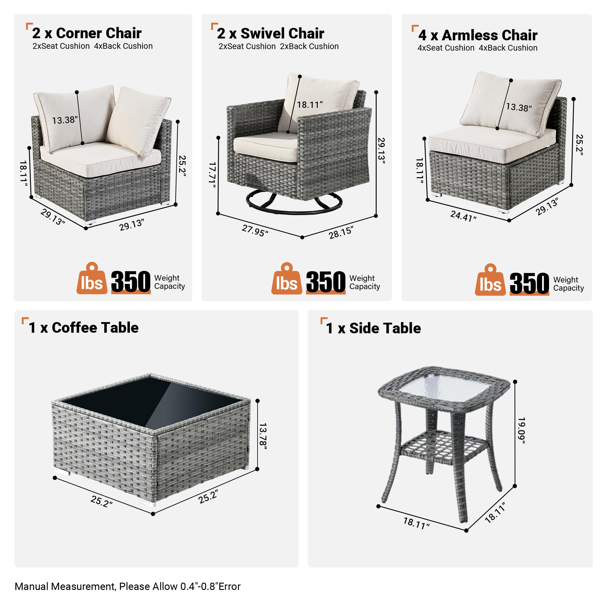 OVIOS Outdoor 9 Piece Coversation Set with Swivel Rocking Chair,Sectional Patio Furniture Set with All-Weather Wicker Sofa