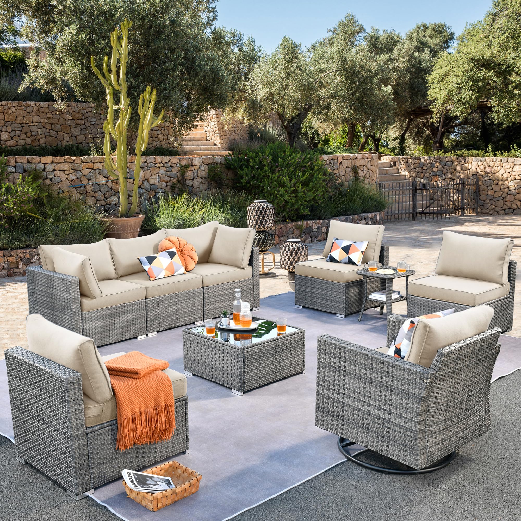 OVIOS gray wicker 9-piece modular outdoor seating set with sectional sofa and swivel chair.Beige