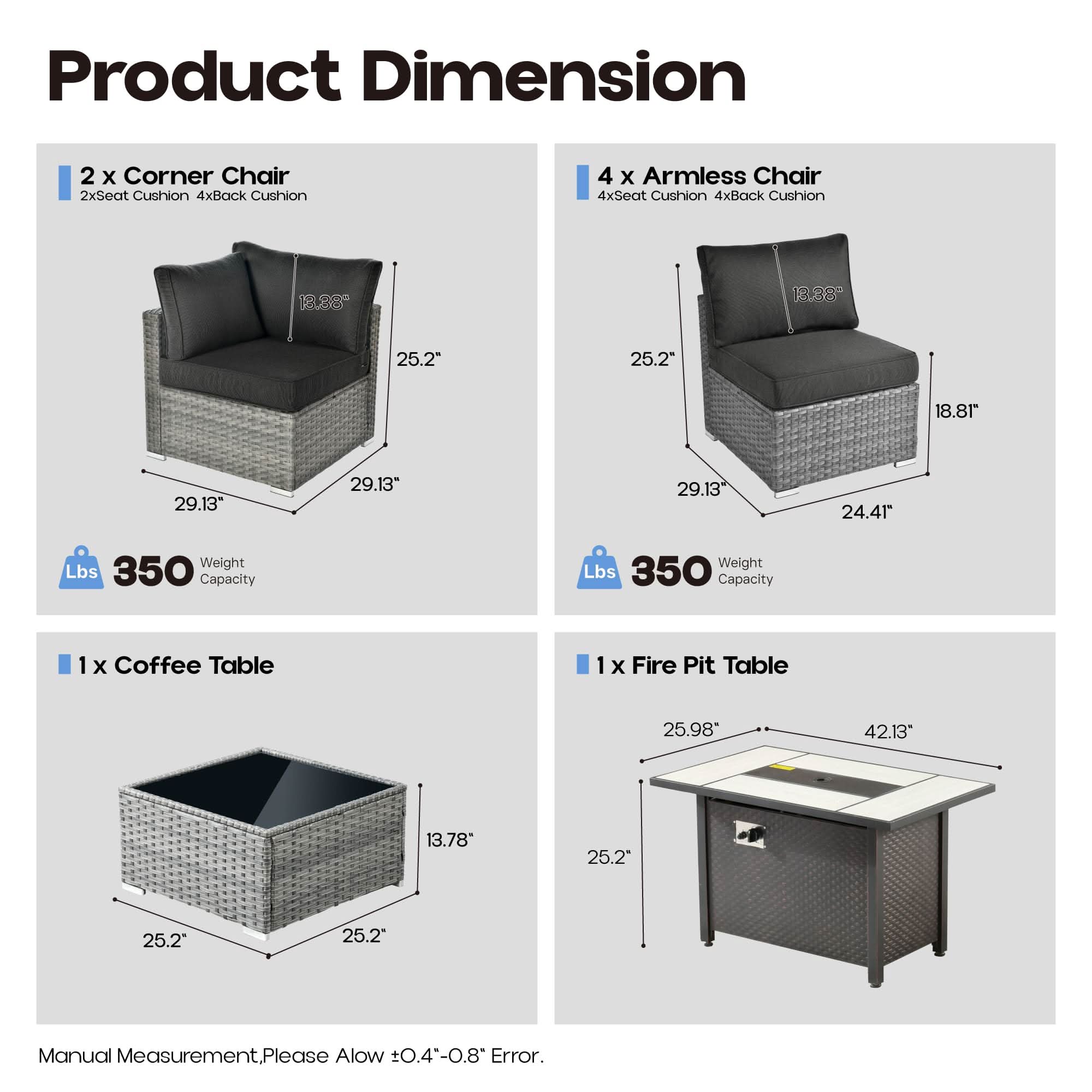 OVIOS Outdoor 8 Piece Patio Furniture Set with Fire Pit Table,Conversation Sectional Wicker Couch with Coffee Table