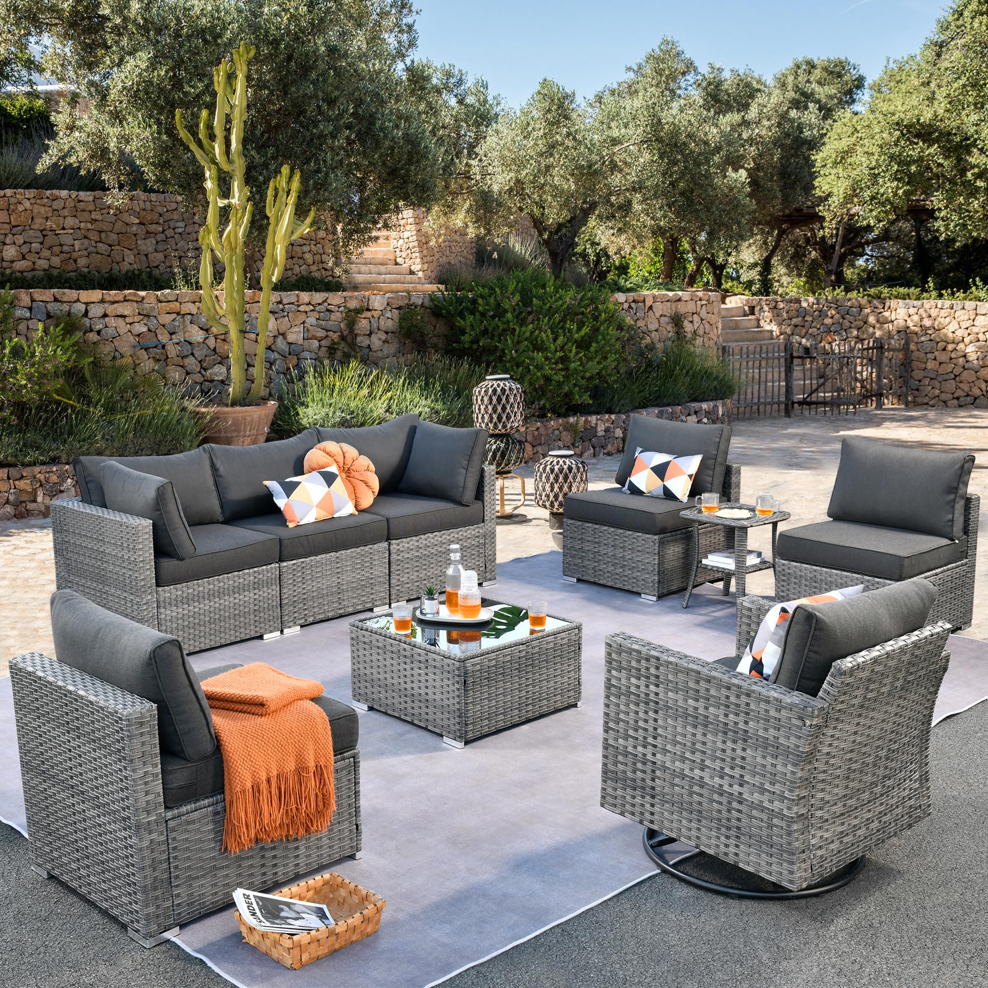 OVIOS Outdoor 9 Piece Coversation Set with Swivel Rocking Chair,Sectional Patio Furniture Set with All-Weather Wicker Sofa