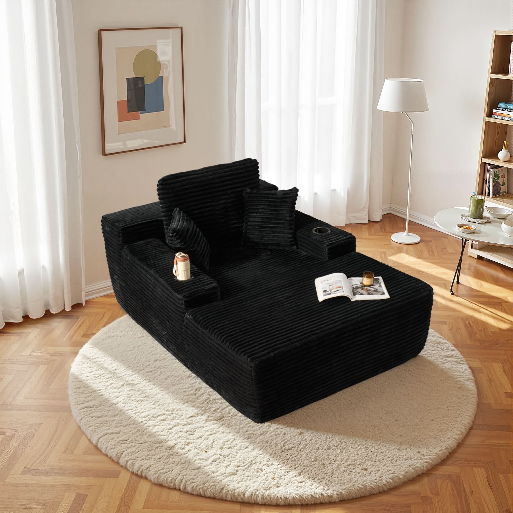 KEIKI 114" Corduroy L-Shaped Sleeper Sofa - Reversible Chaise, Cup Holders & Storage