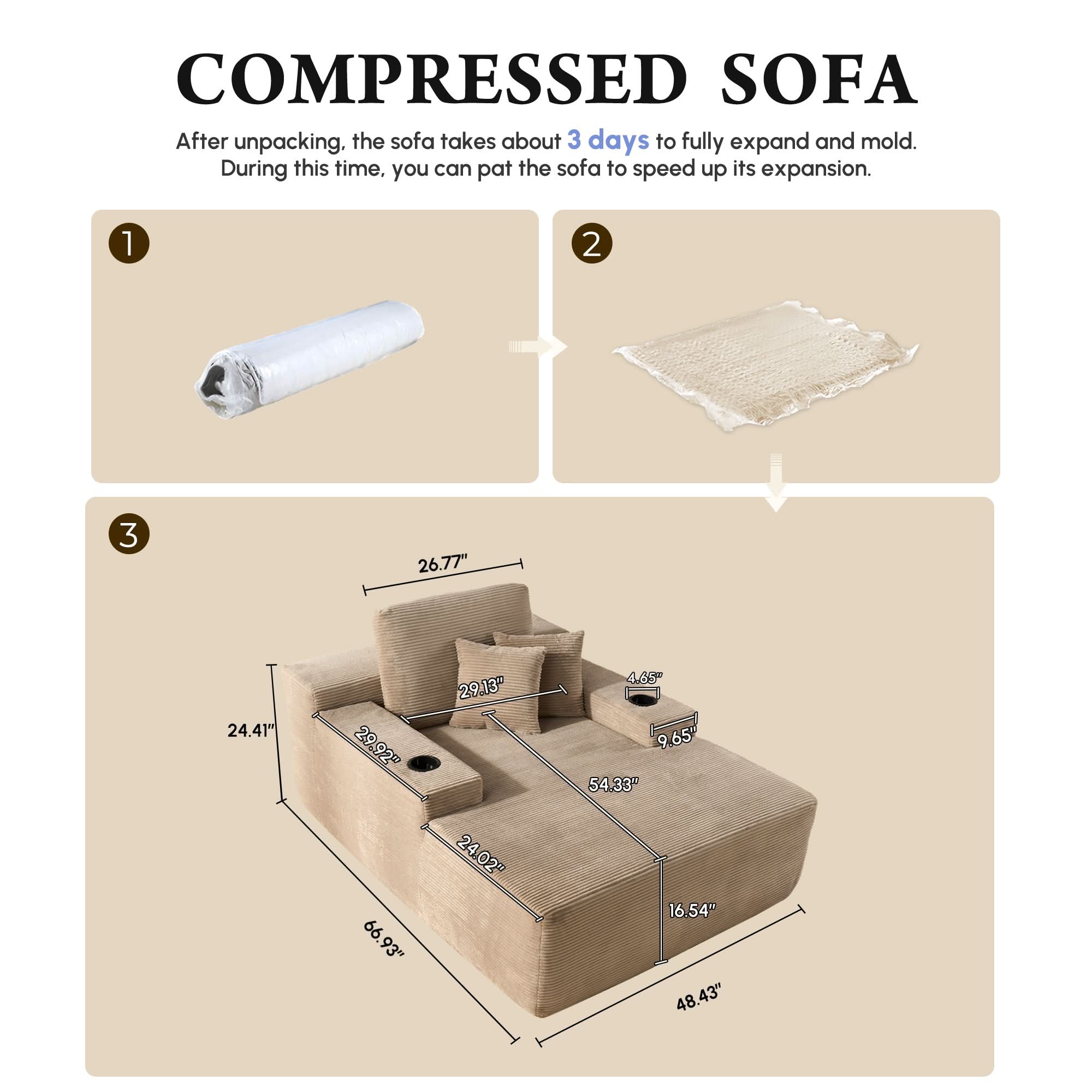 OVIOS 67" Chaise Lounge Chair with Cup Holders