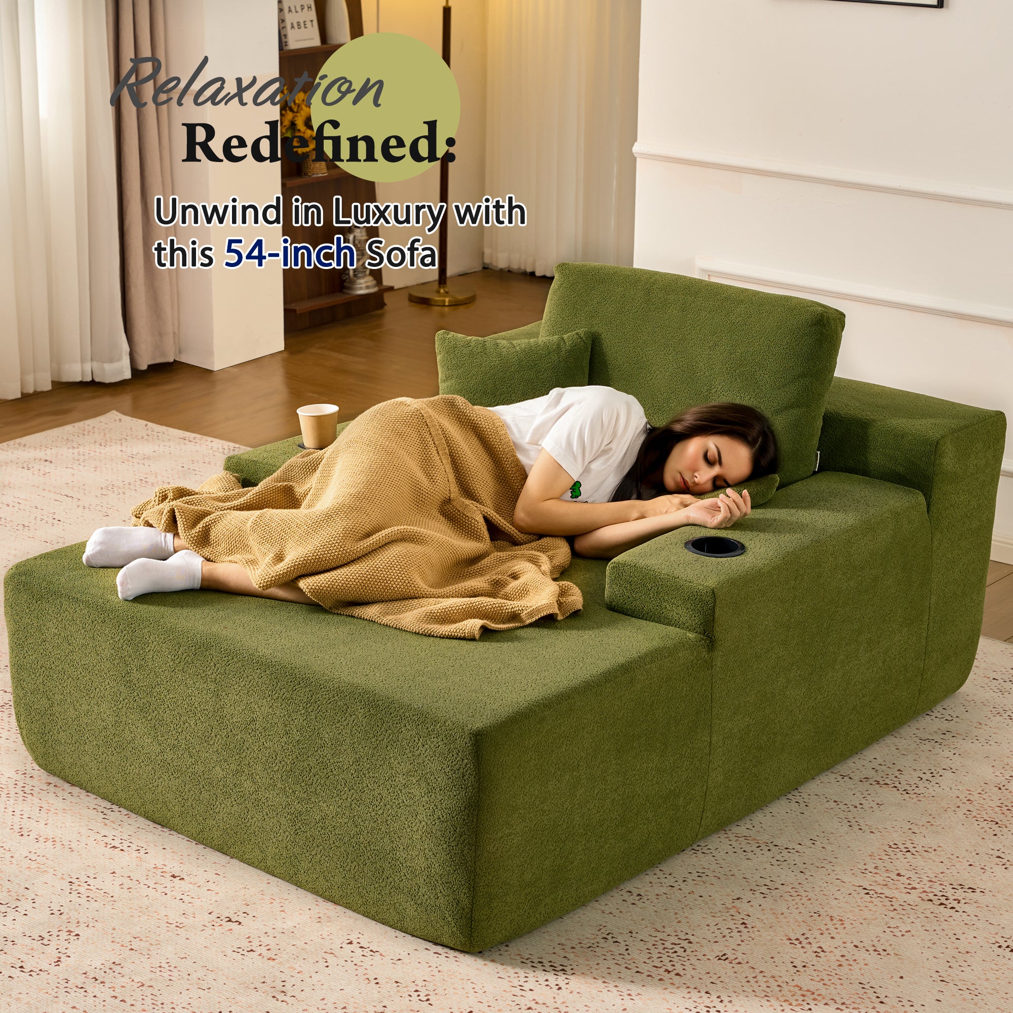 OVIOS 67" Chaise Lounge Chair with Cup Holders, Plush Velvet Sofa Bed