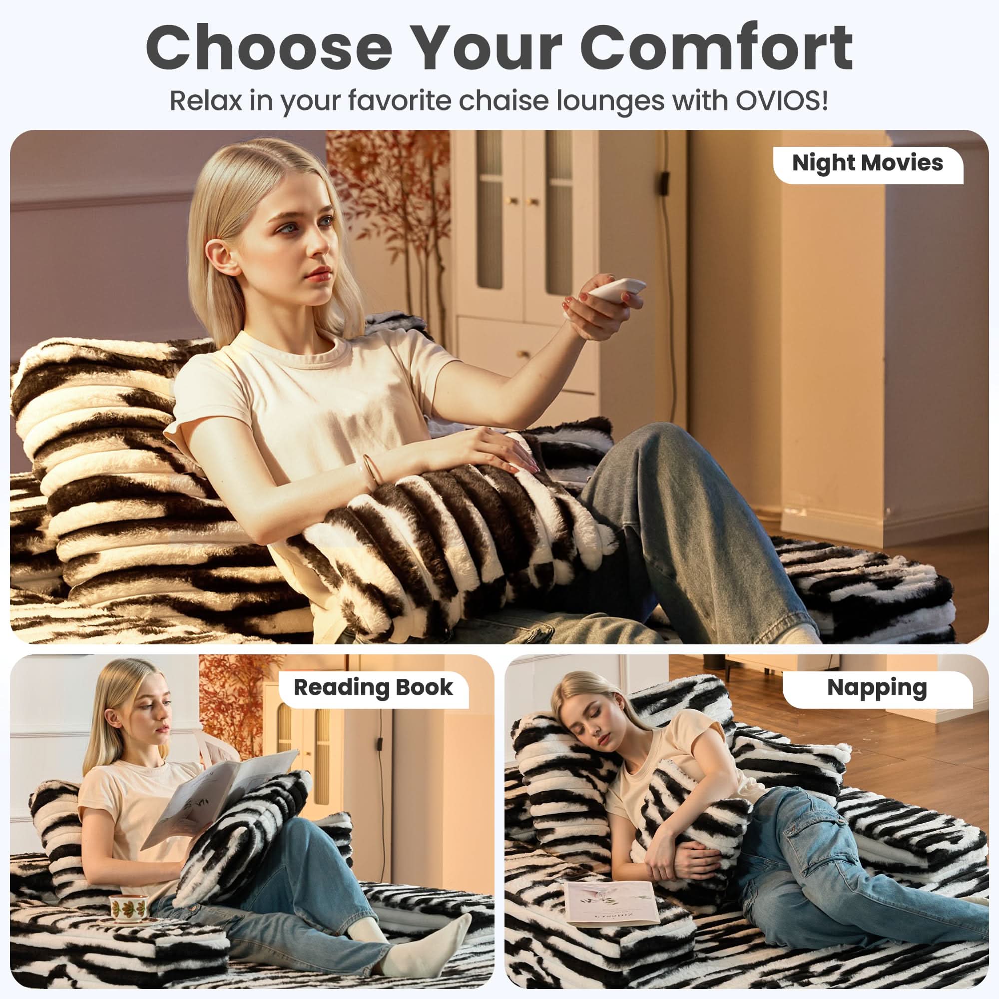 OVIOS Boneless Chaise Lounge,Luxurious Faux Fur, No Assembly Required