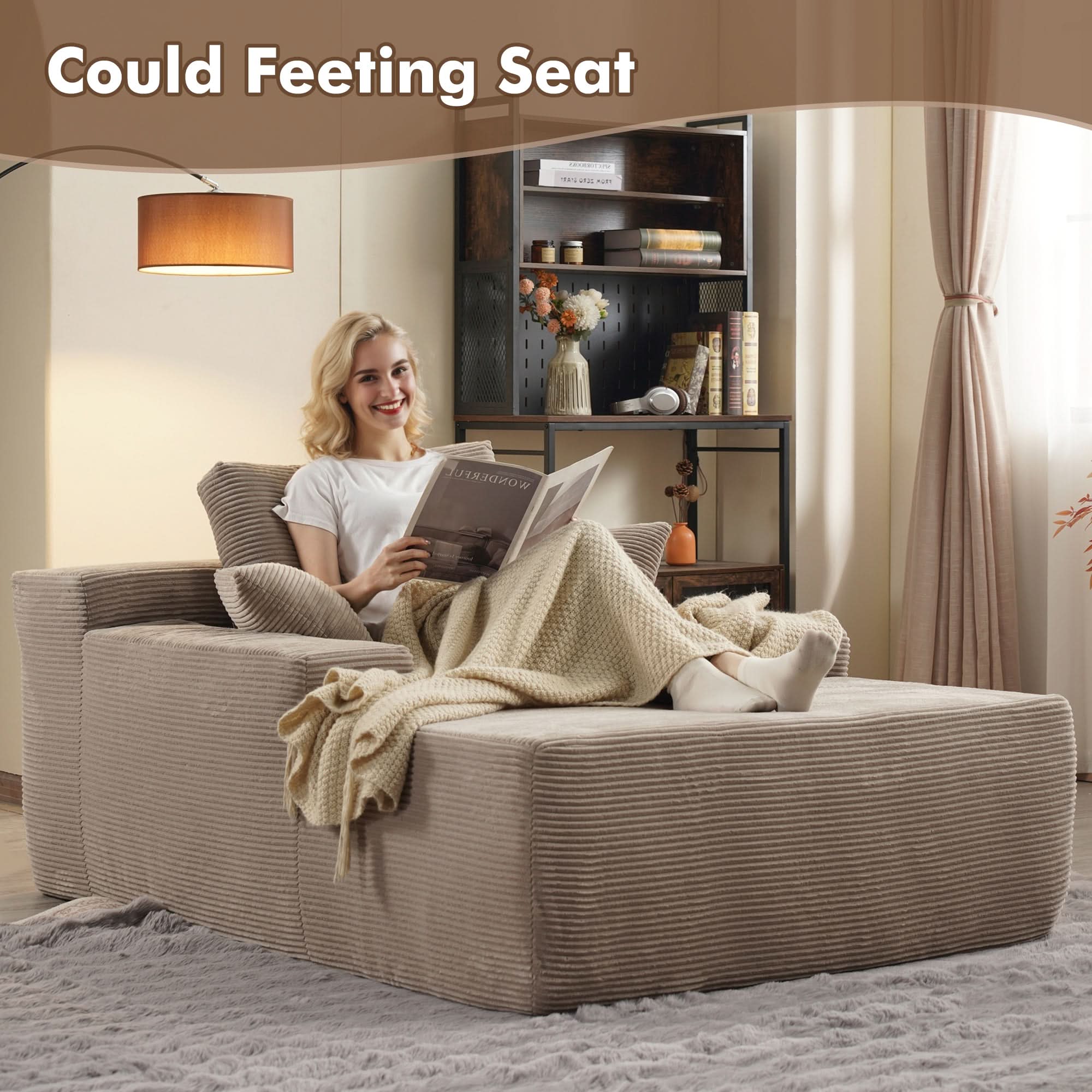 Woman relaxing on an Ovios corduroy chaise lounge in beige, comfortable seating, perfect for home theater