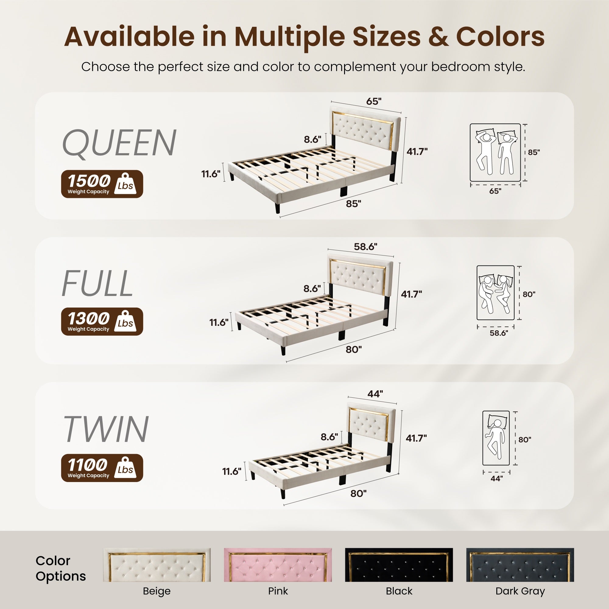 OVIOS Modern Upholstered Platform Bed Frame with Headboard No Box Spring Needed Easy Assembly Noise Free