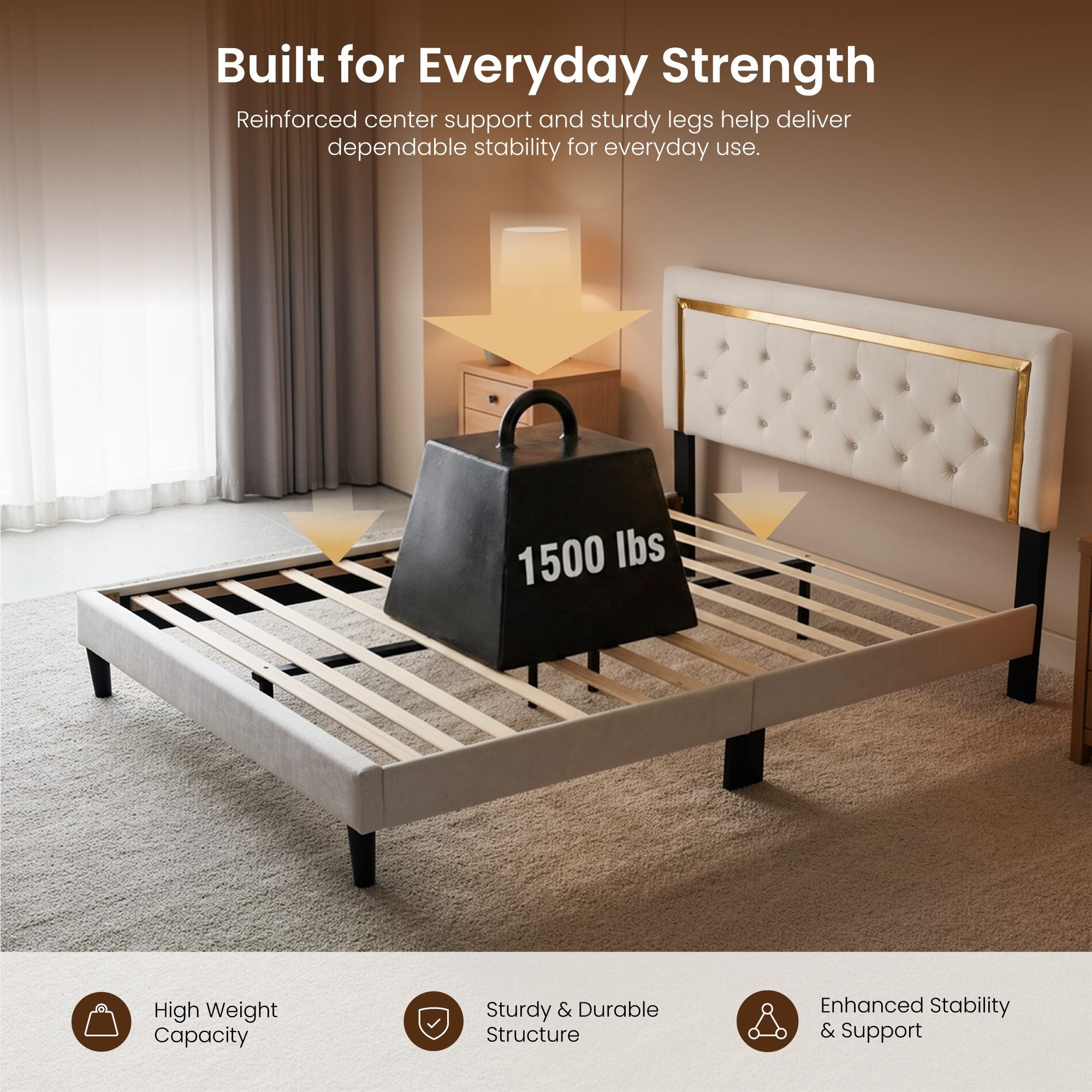 OVIOS Modern Upholstered Platform Bed Frame with Headboard No Box Spring Needed Easy Assembly Noise Free