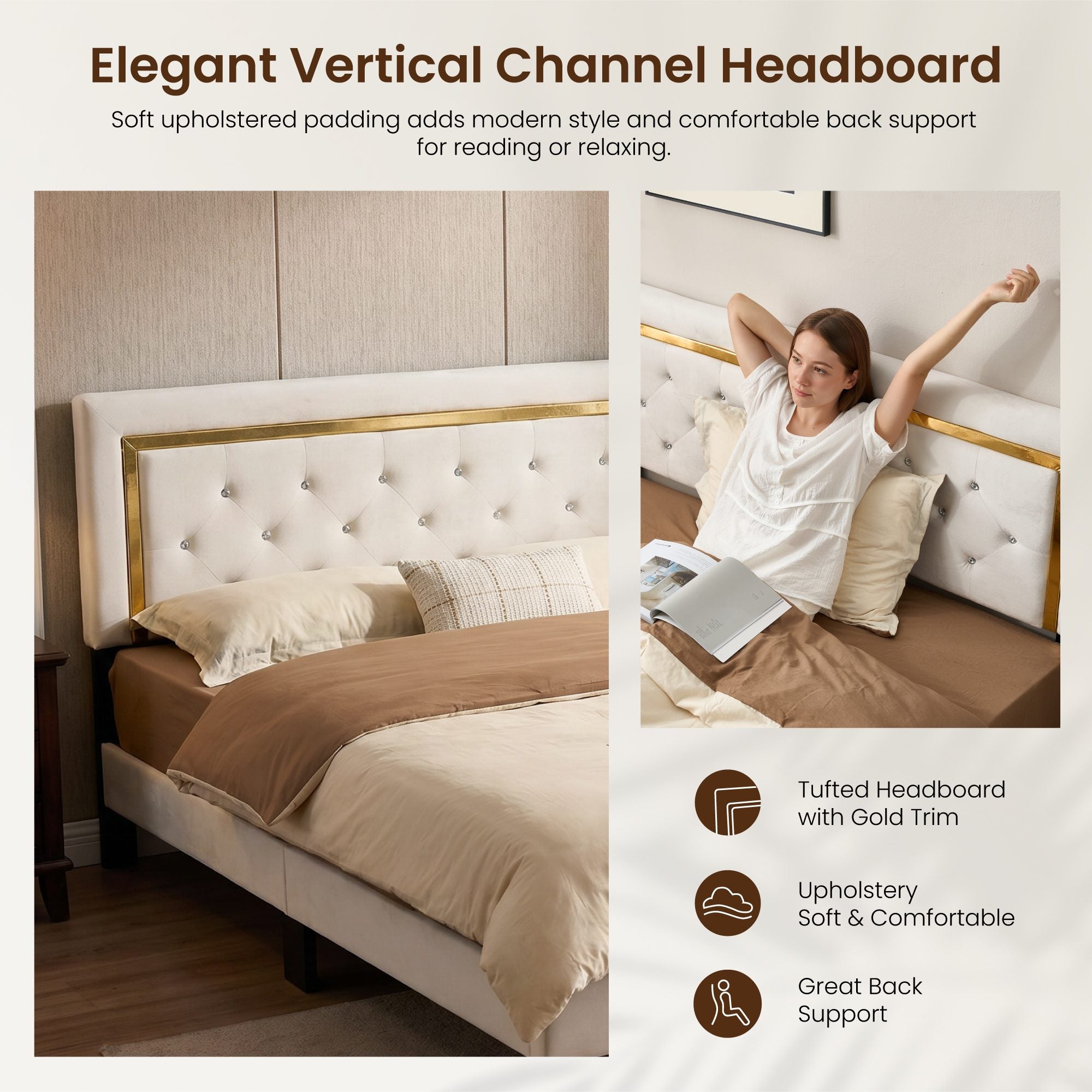 OVIOS Modern Upholstered Platform Bed Frame with Headboard No Box Spring Needed Easy Assembly Noise Free