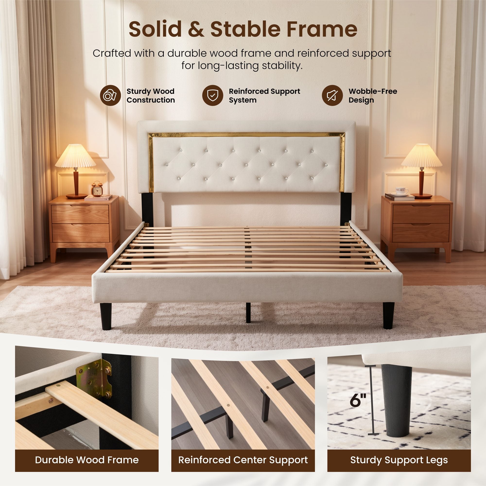 OVIOS Modern Upholstered Platform Bed Frame with Headboard No Box Spring Needed Easy Assembly Noise Free