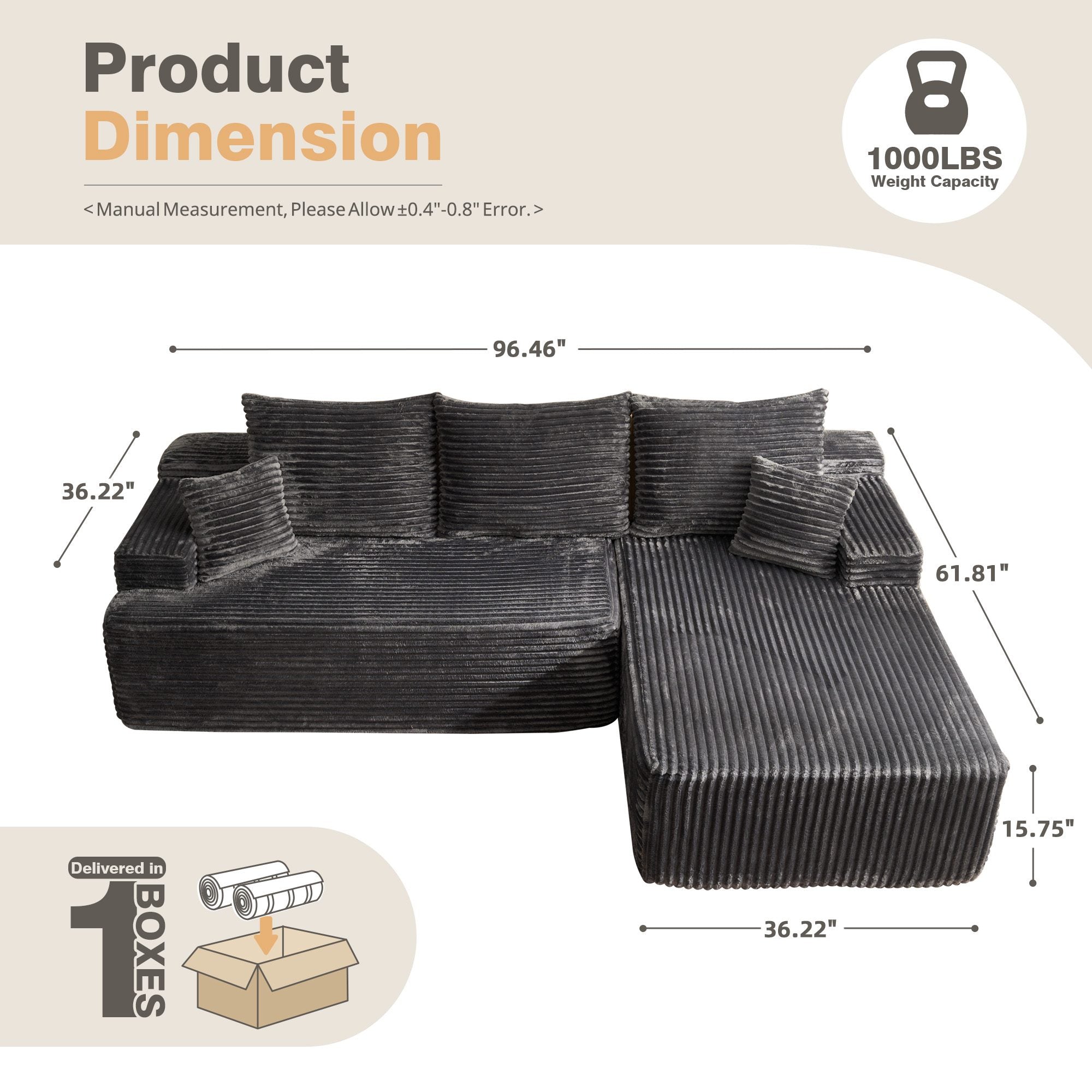 OVIOS 96" Cloud Sectional Couch with L-Shape Chaise,Modern Modular Sofa with Deep Seat, No Assembly Required