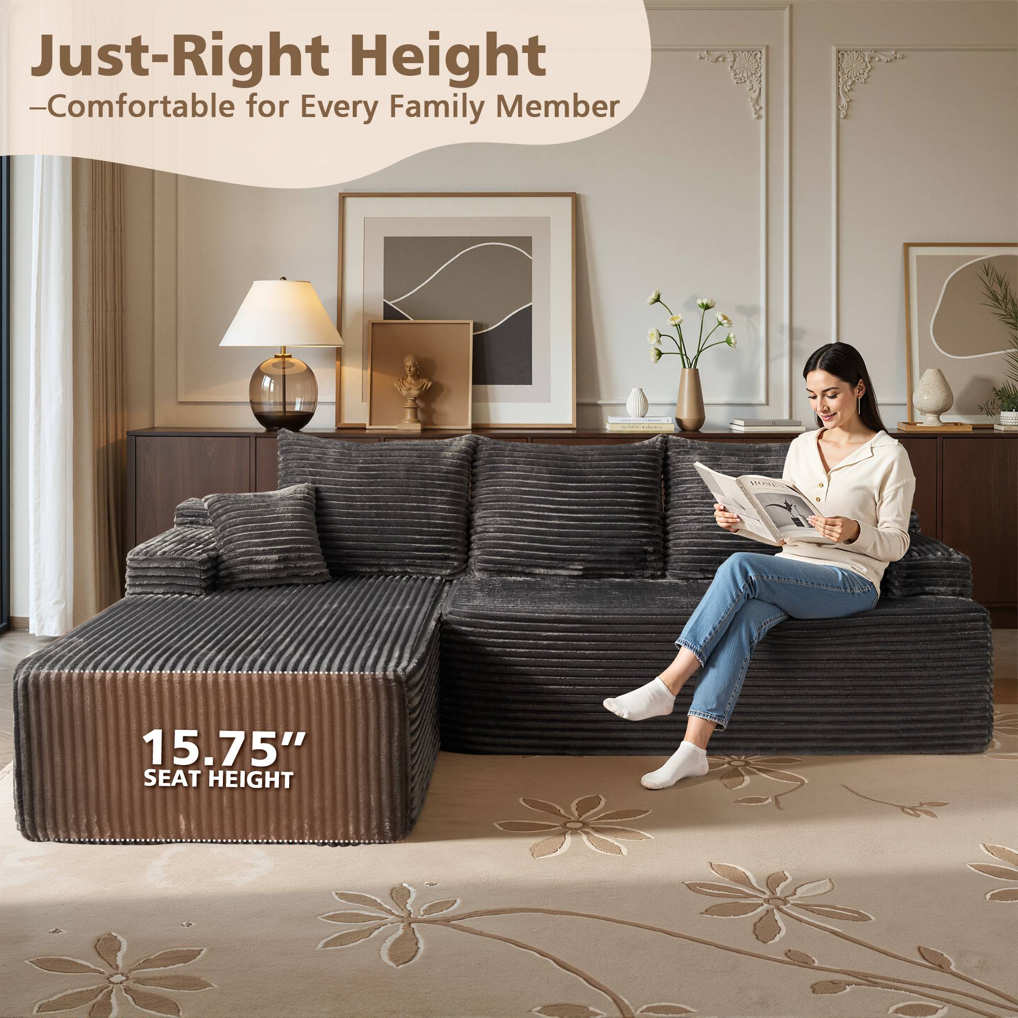 OVIOS 96" Cloud Sectional Couch with L-Shape Chaise,Modern Modular Sofa with Deep Seat, No Assembly Required