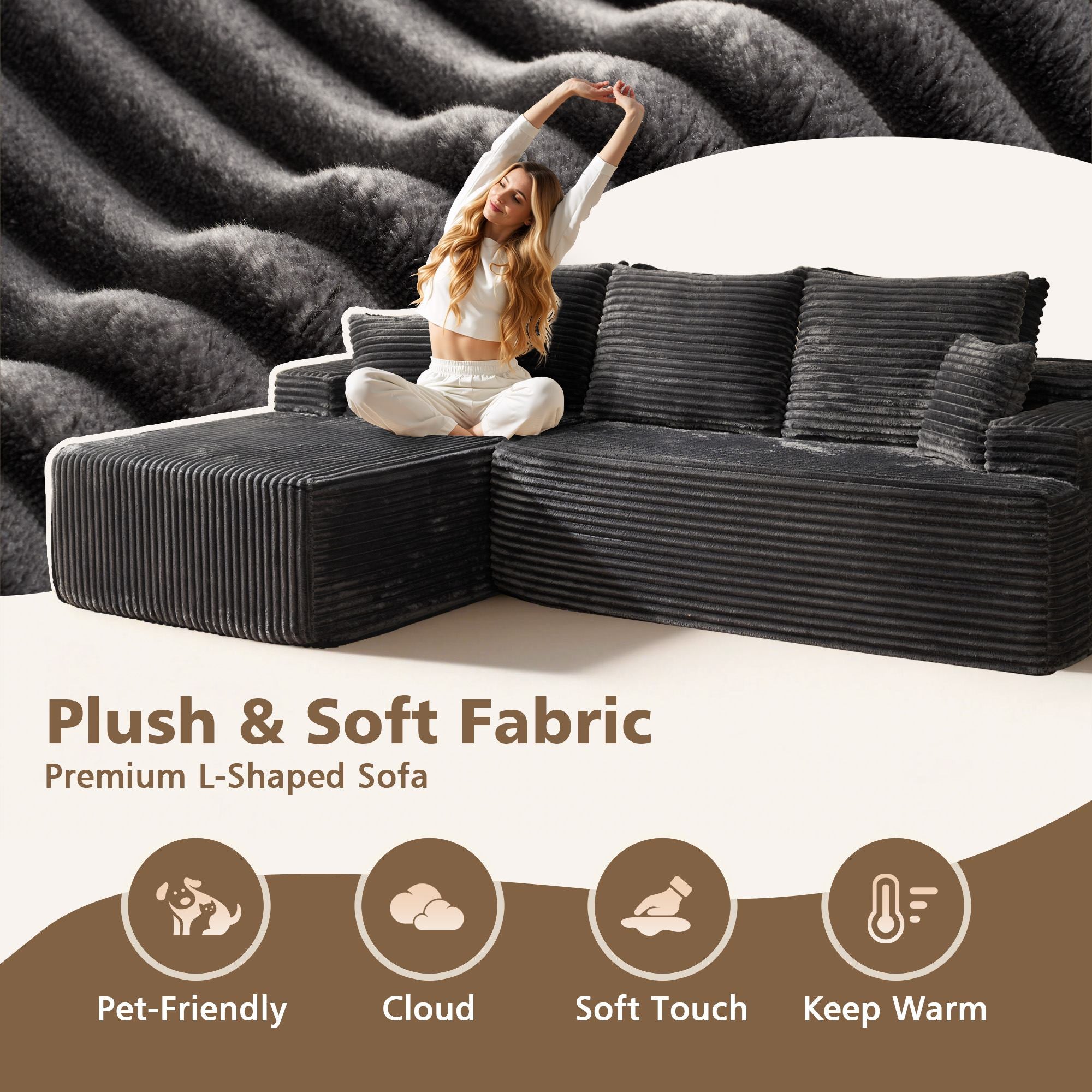 OVIOS 96" Cloud Sectional Couch with L-Shape Chaise,Modern Modular Sofa with Deep Seat, No Assembly Required