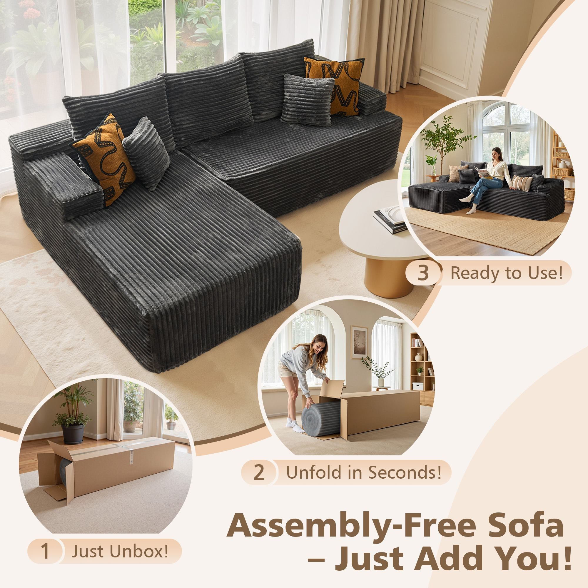 OVIOS 96" Cloud Sectional Couch with L-Shape Chaise,Modern Modular Sofa with Deep Seat, No Assembly Required