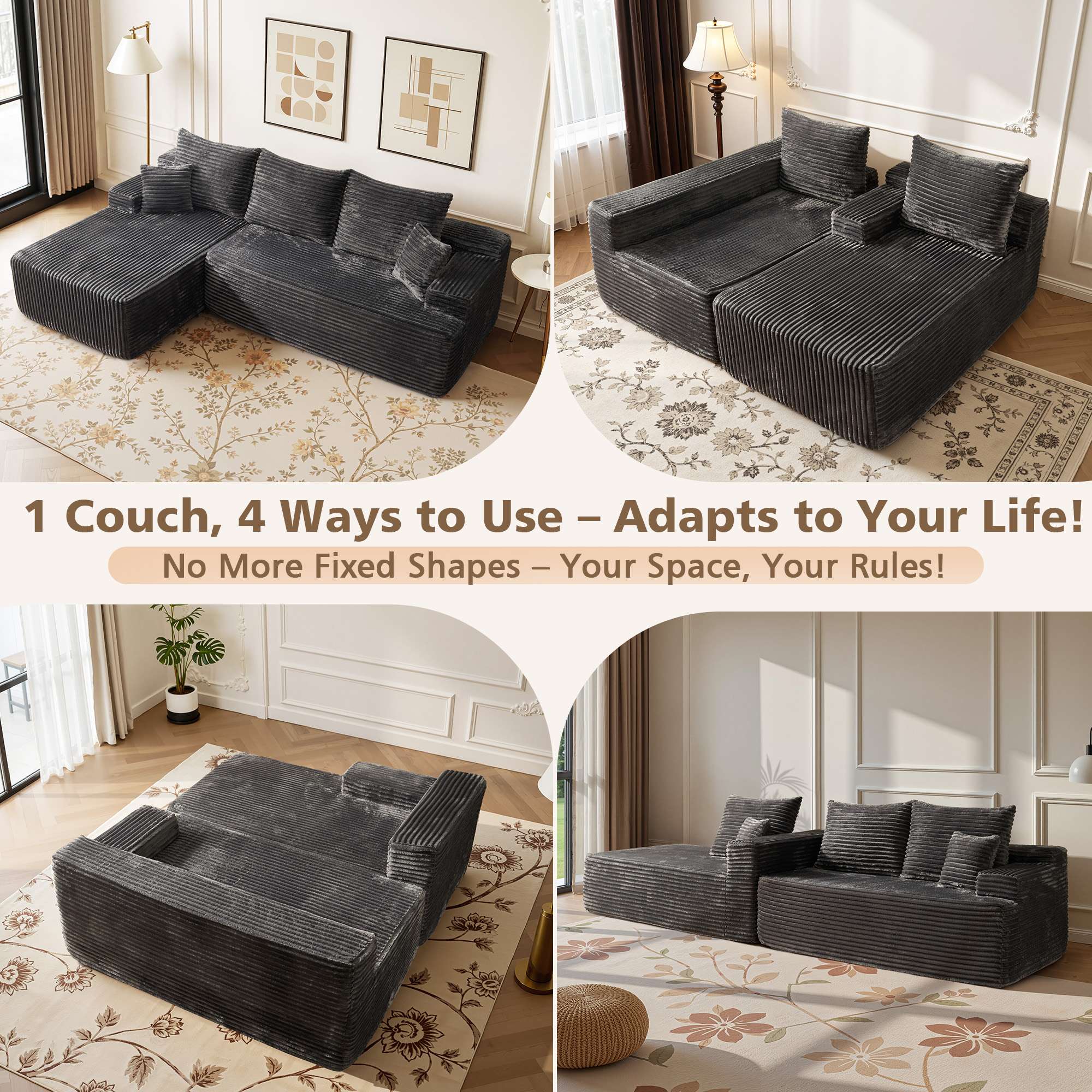 OVIOS 96" Cloud Sectional Couch with L-Shape Chaise,Modern Modular Sofa with Deep Seat, No Assembly Required