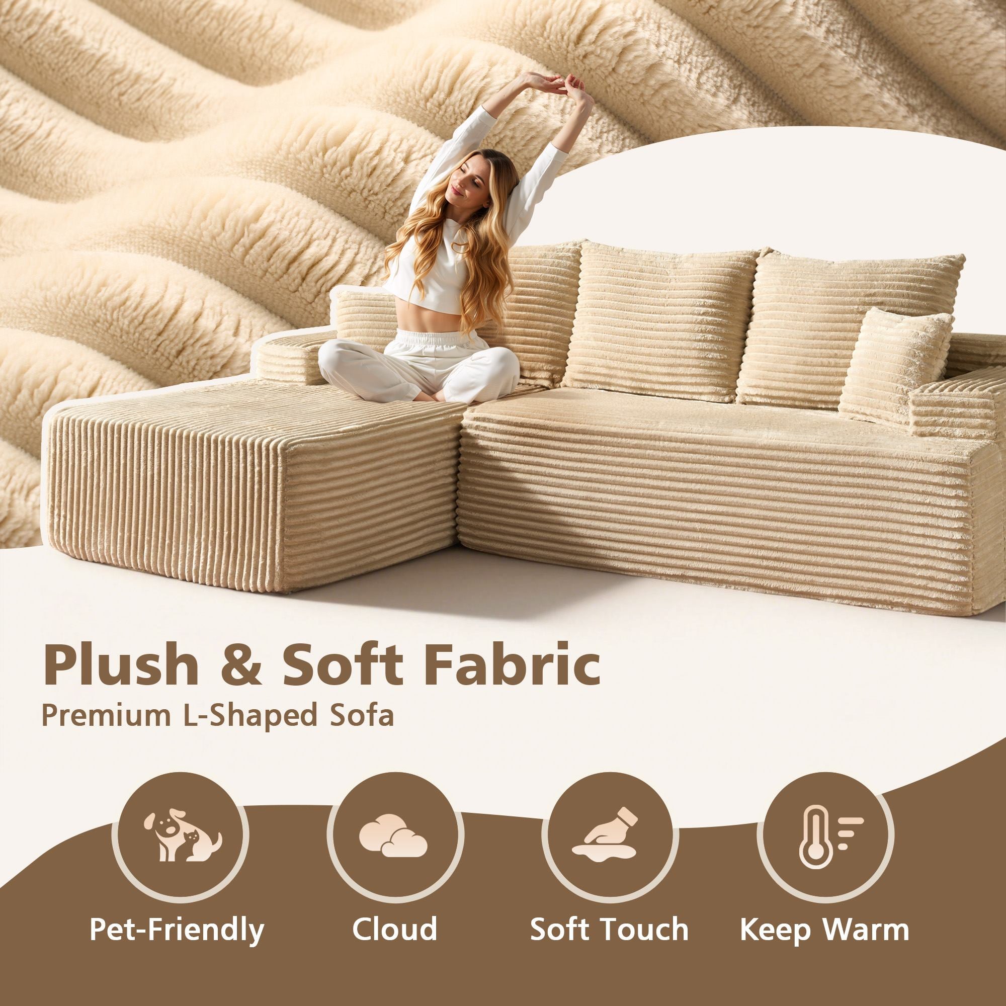 OVIOS 96" Cloud Sectional Couch with L-Shape Chaise,Modern Modular Sofa with Deep Seat, No Assembly Required