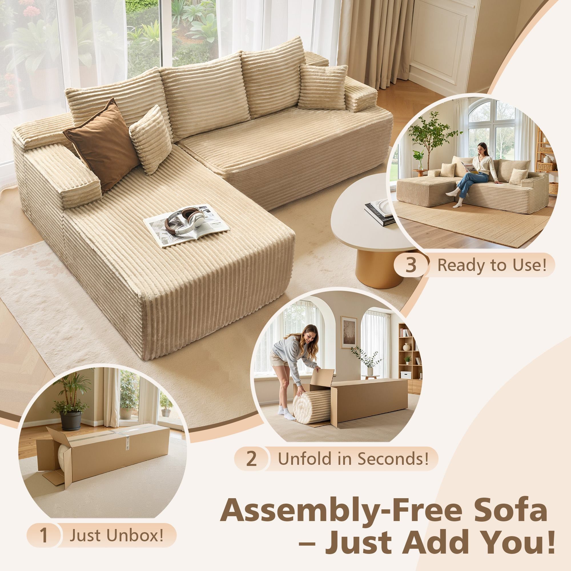 OVIOS 96" Cloud Sectional Couch with L-Shape Chaise,Modern Modular Sofa with Deep Seat, No Assembly Required