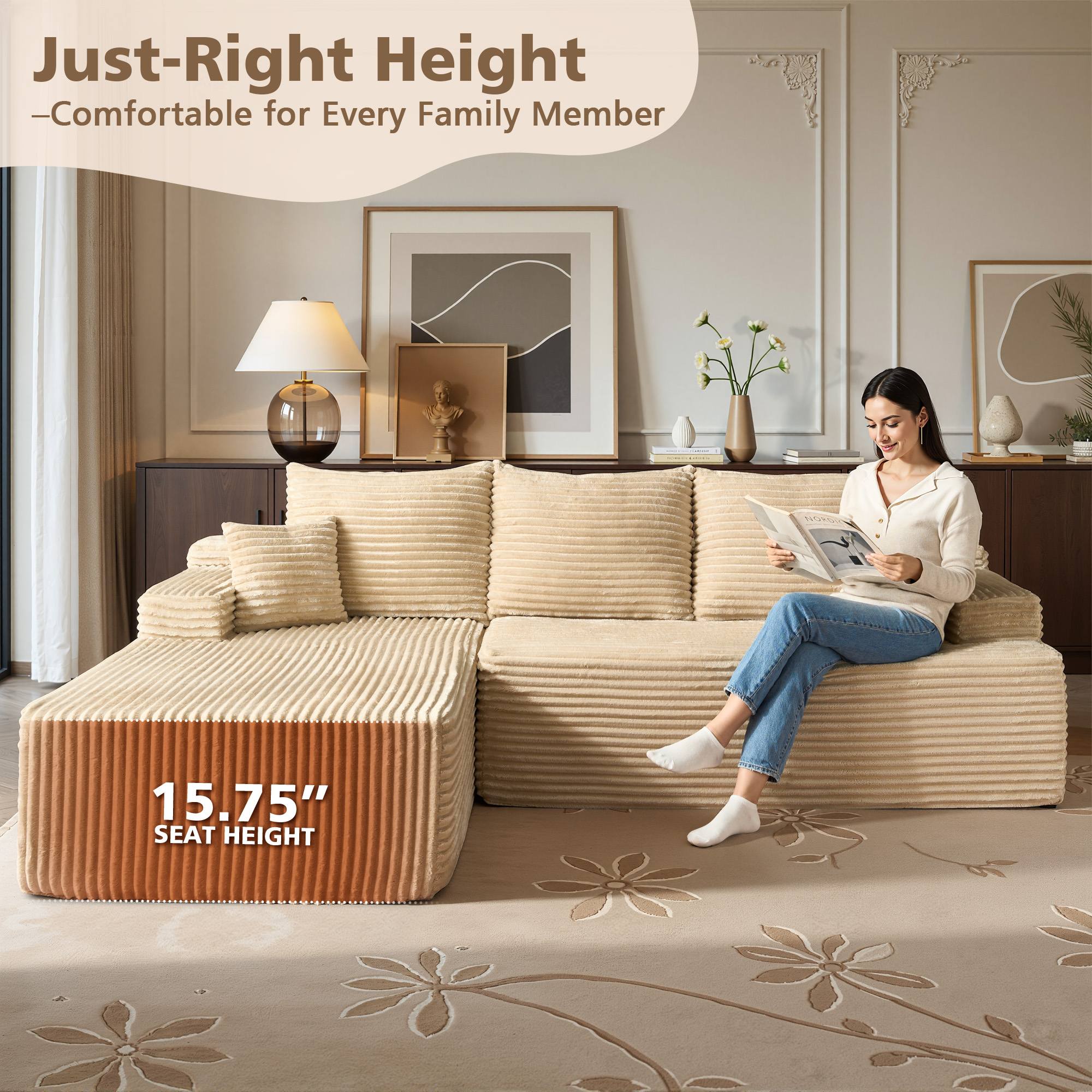 OVIOS 96" Cloud Sectional Couch with L-Shape Chaise,Modern Modular Sofa with Deep Seat, No Assembly Required