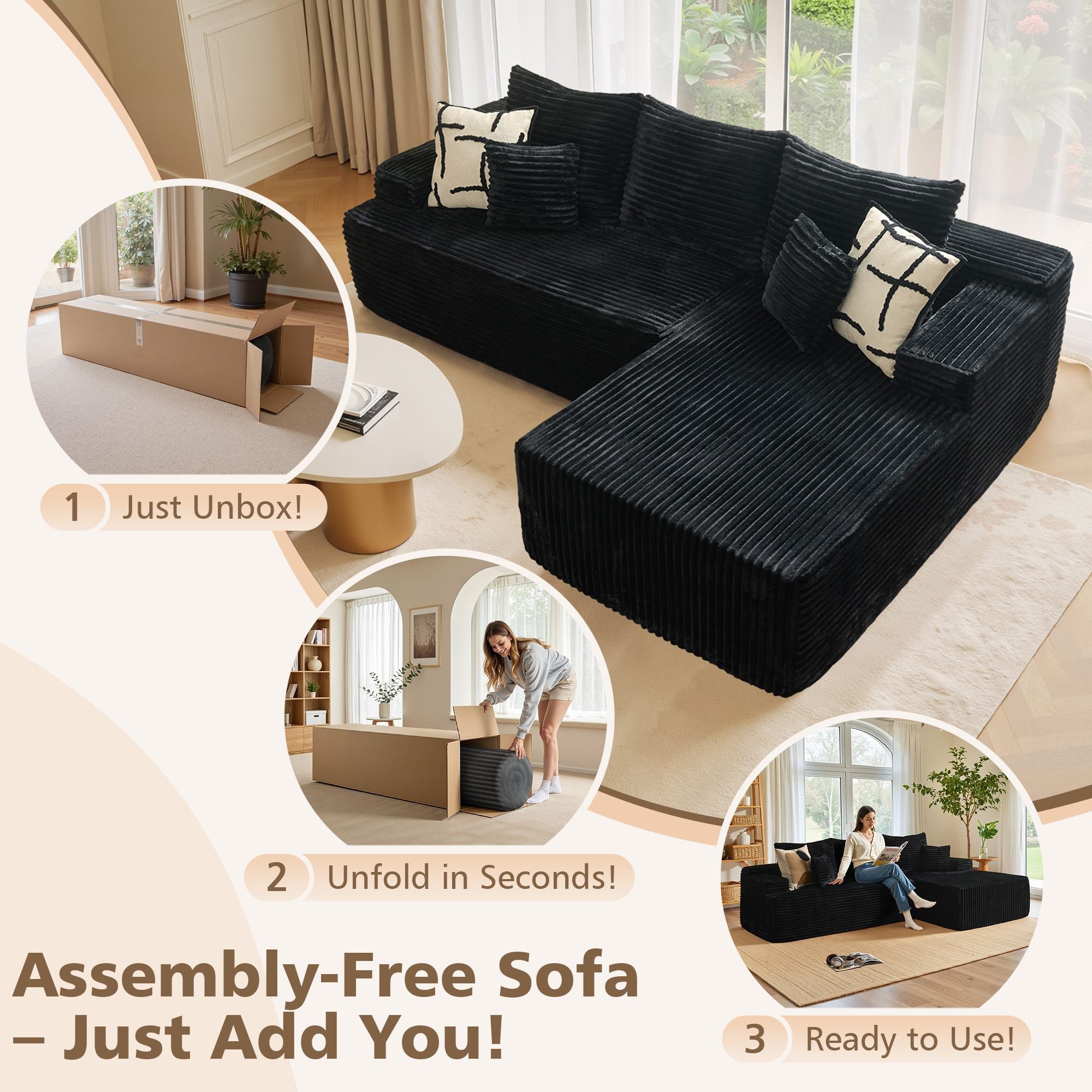 OVIOS 96" Cloud Sectional Couch with L-Shape Chaise,Modern Modular Sofa with Deep Seat, No Assembly Required