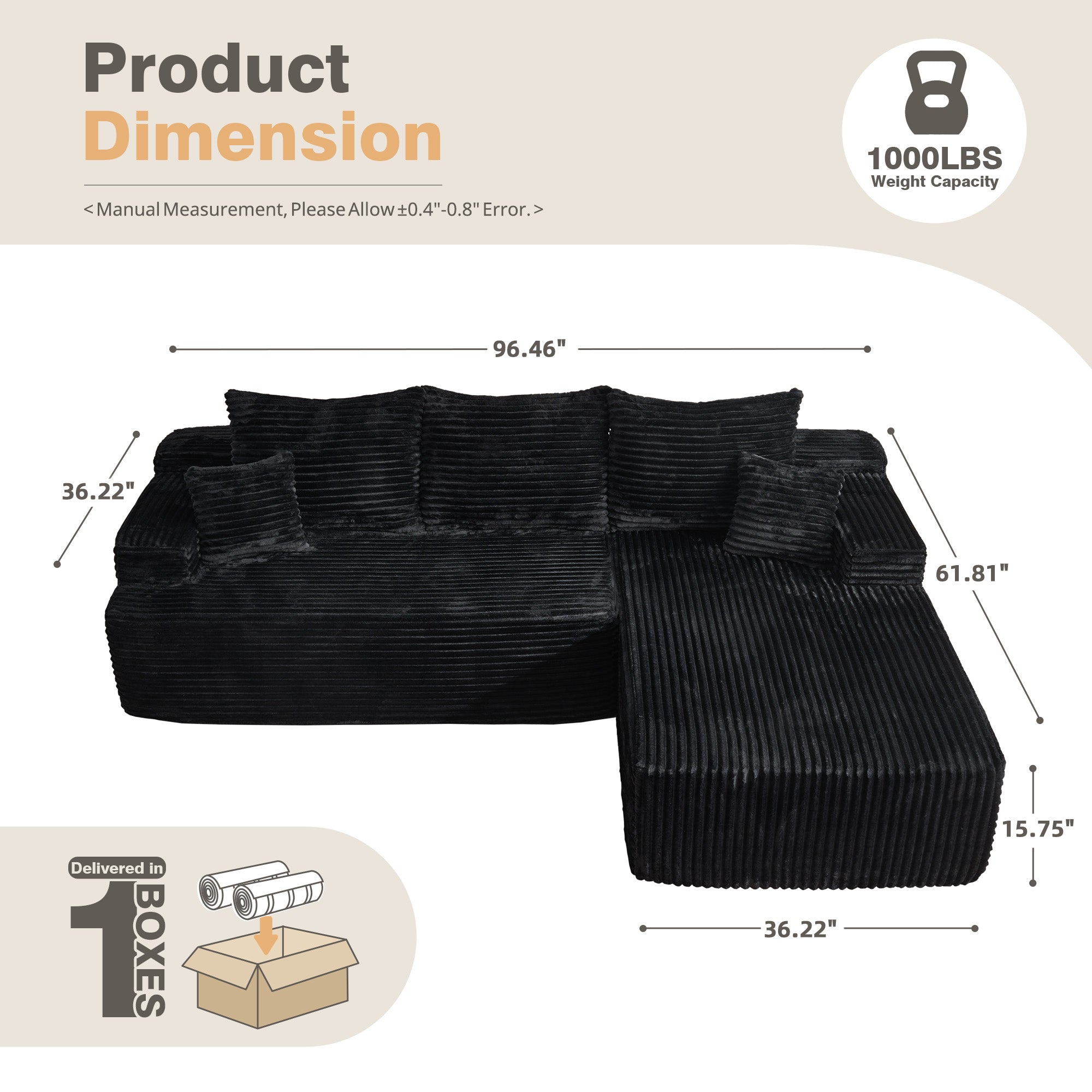 OVIOS 96" Cloud Sectional Couch with L-Shape Chaise,Modern Modular Sofa with Deep Seat, No Assembly Required