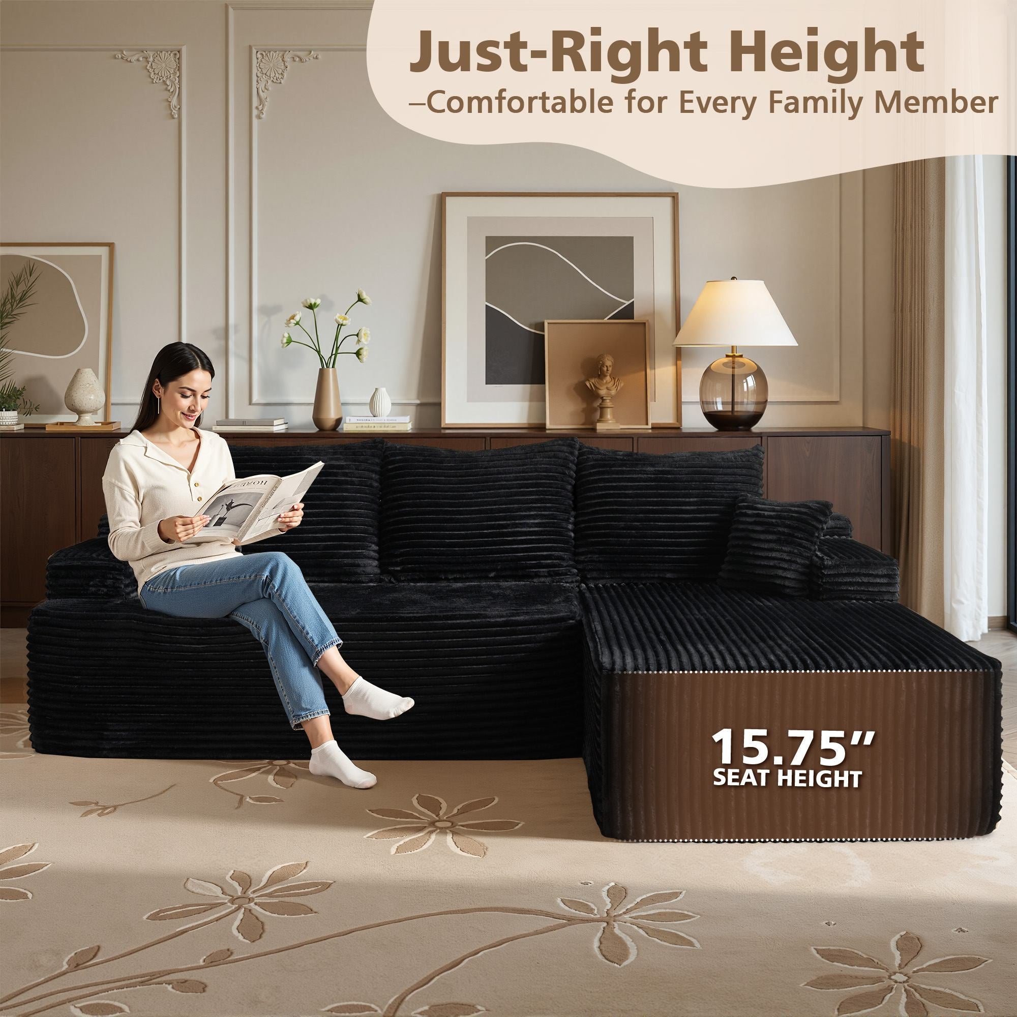 OVIOS 96" Cloud Sectional Couch with L-Shape Chaise,Modern Modular Sofa with Deep Seat, No Assembly Required