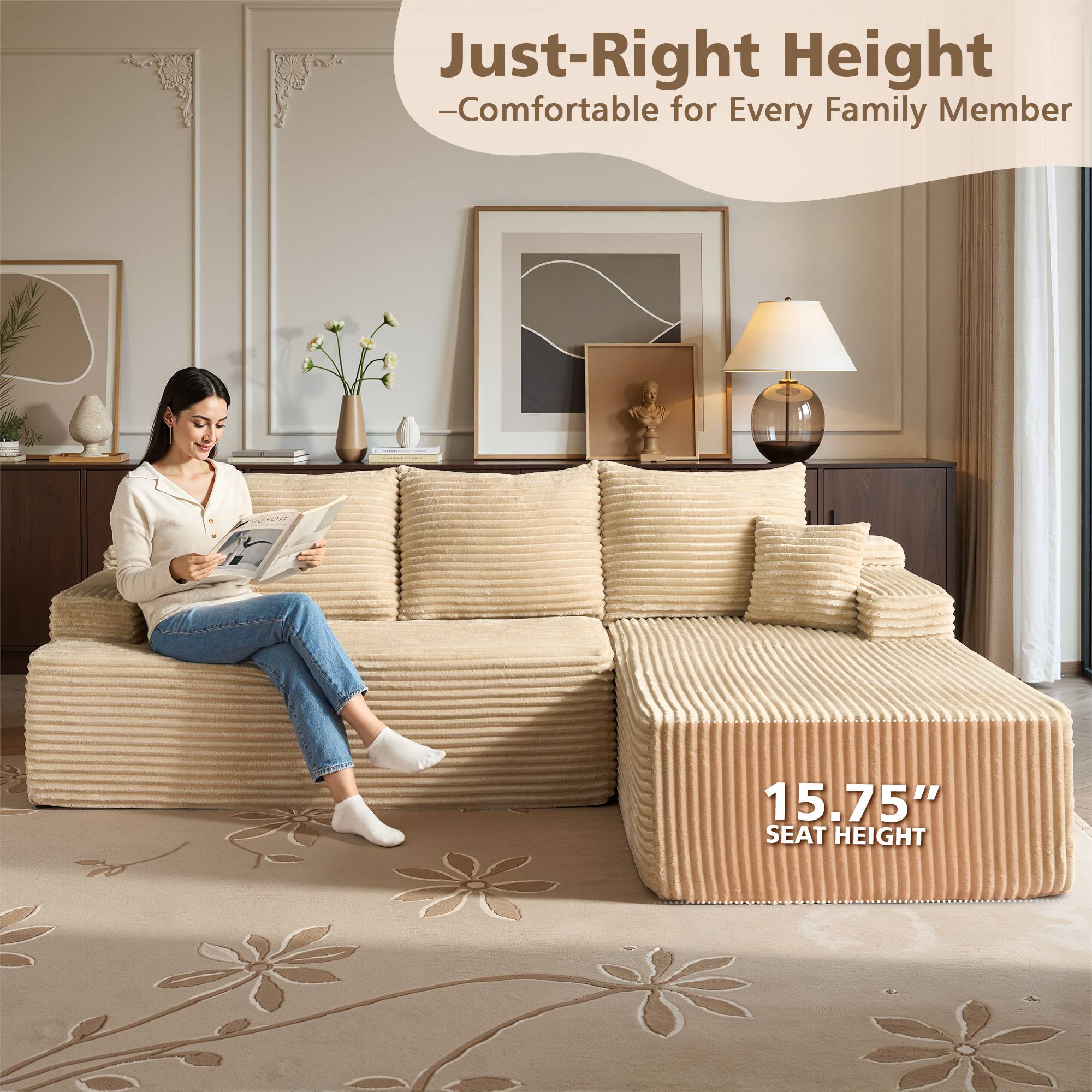 OVIOS 96" Cloud Sectional Couch with L-Shape Chaise,Modern Modular Sofa with Deep Seat, No Assembly Required