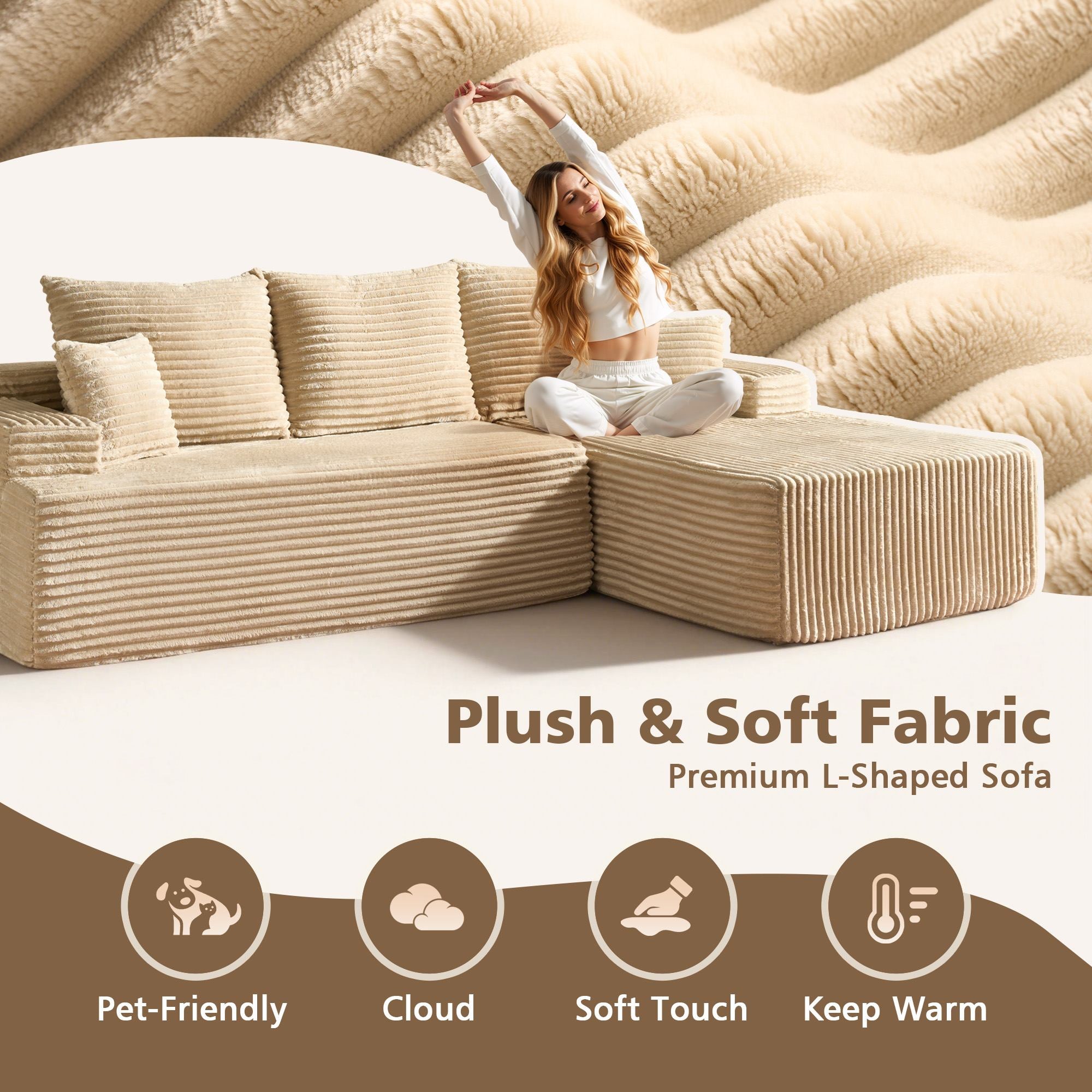 OVIOS 96" Cloud Sectional Couch with L-Shape Chaise,Modern Modular Sofa with Deep Seat, No Assembly Required