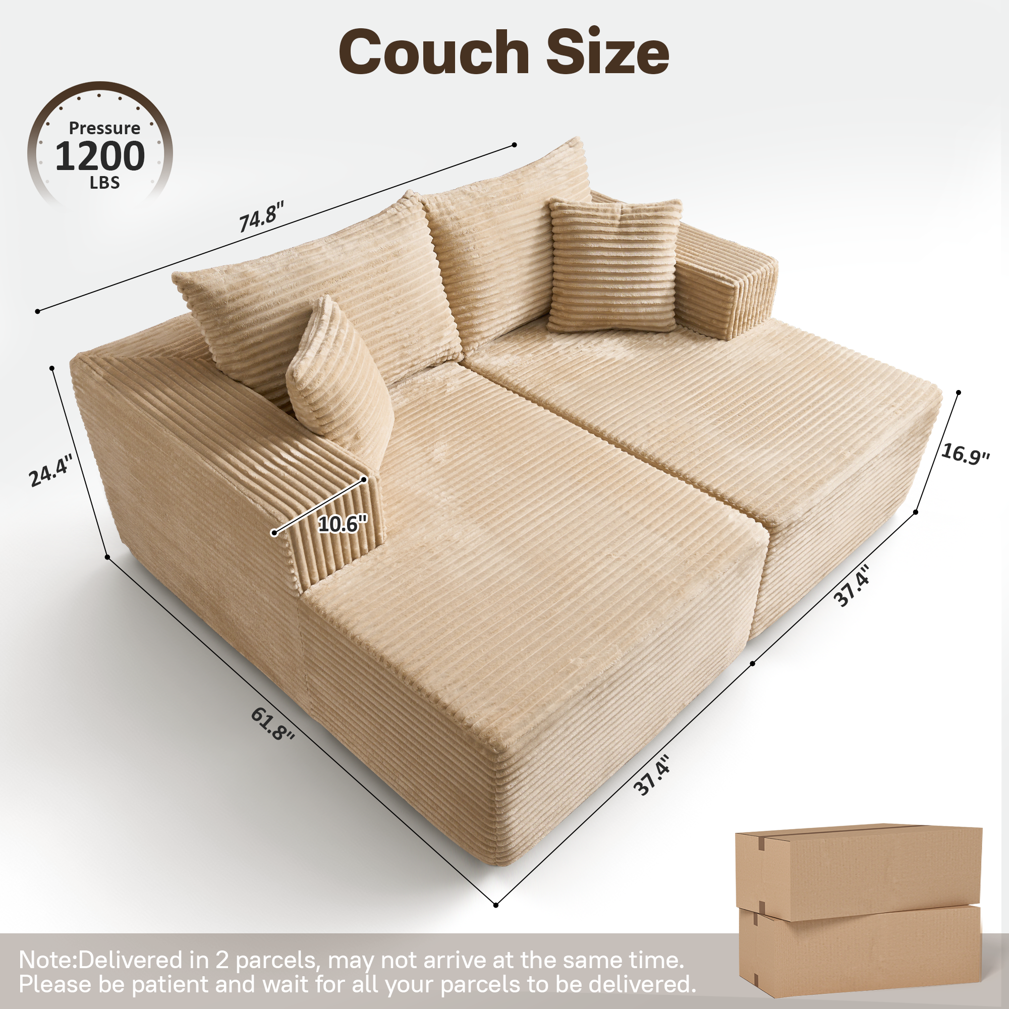 OVIOS 74.8" Boneless Sofa, Sleeper Couch, No Assembly Required